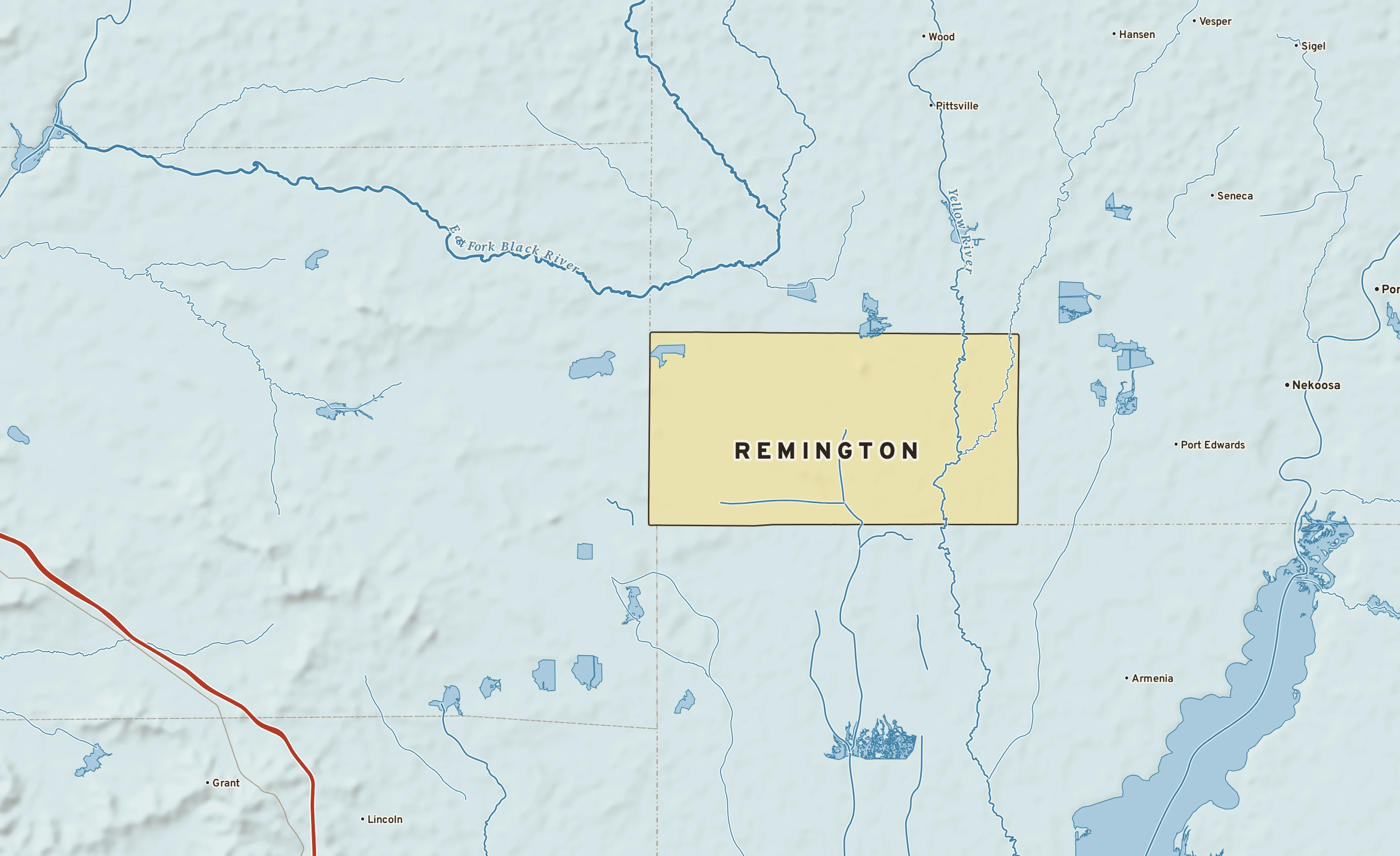 Shaded-relief atlas plate of Remington, Wisconsin: rivers, roads, the city limits and where the water drains.