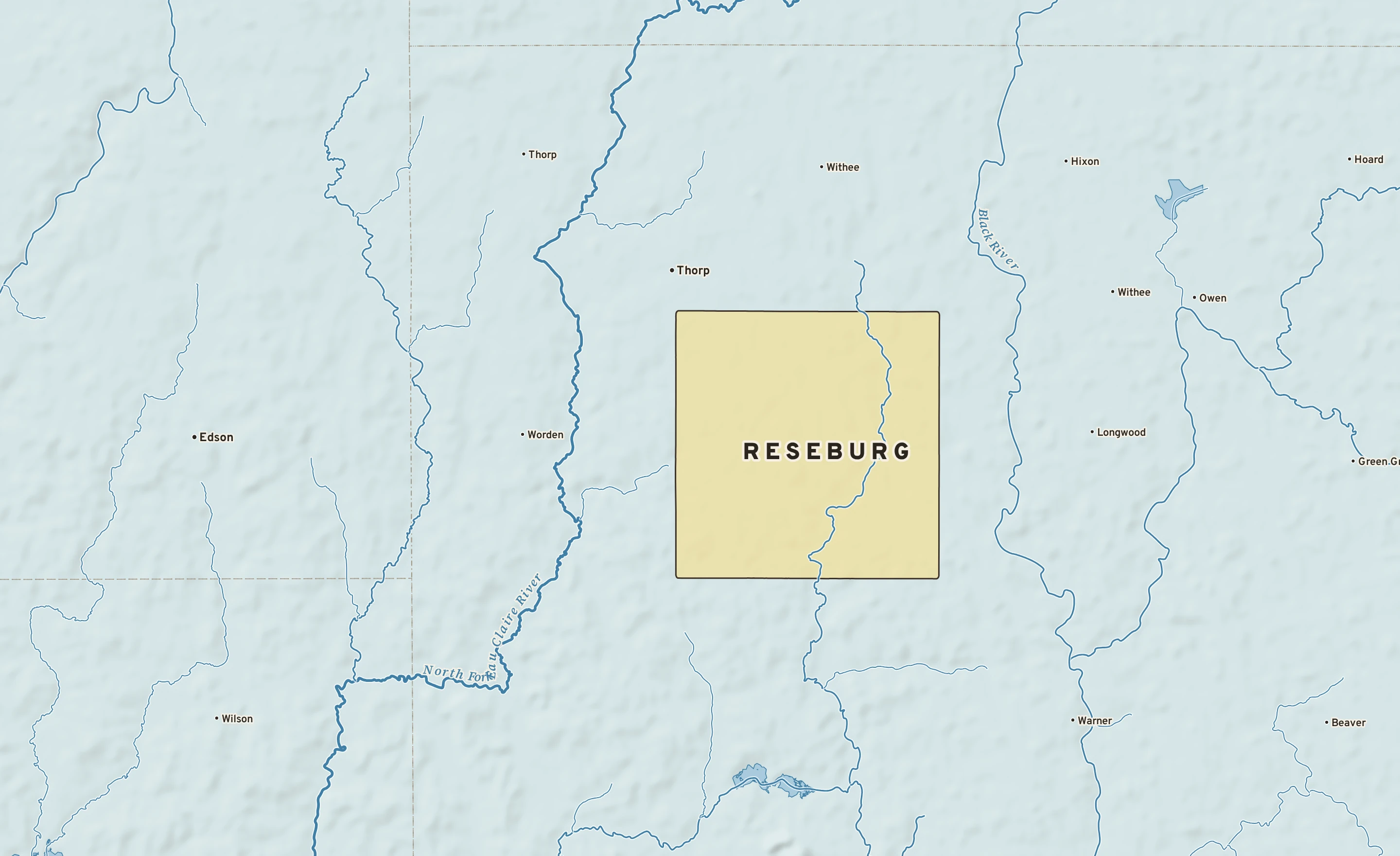 Shaded-relief atlas plate of Reseburg, Wisconsin: rivers, roads, the city limits and where the water drains.