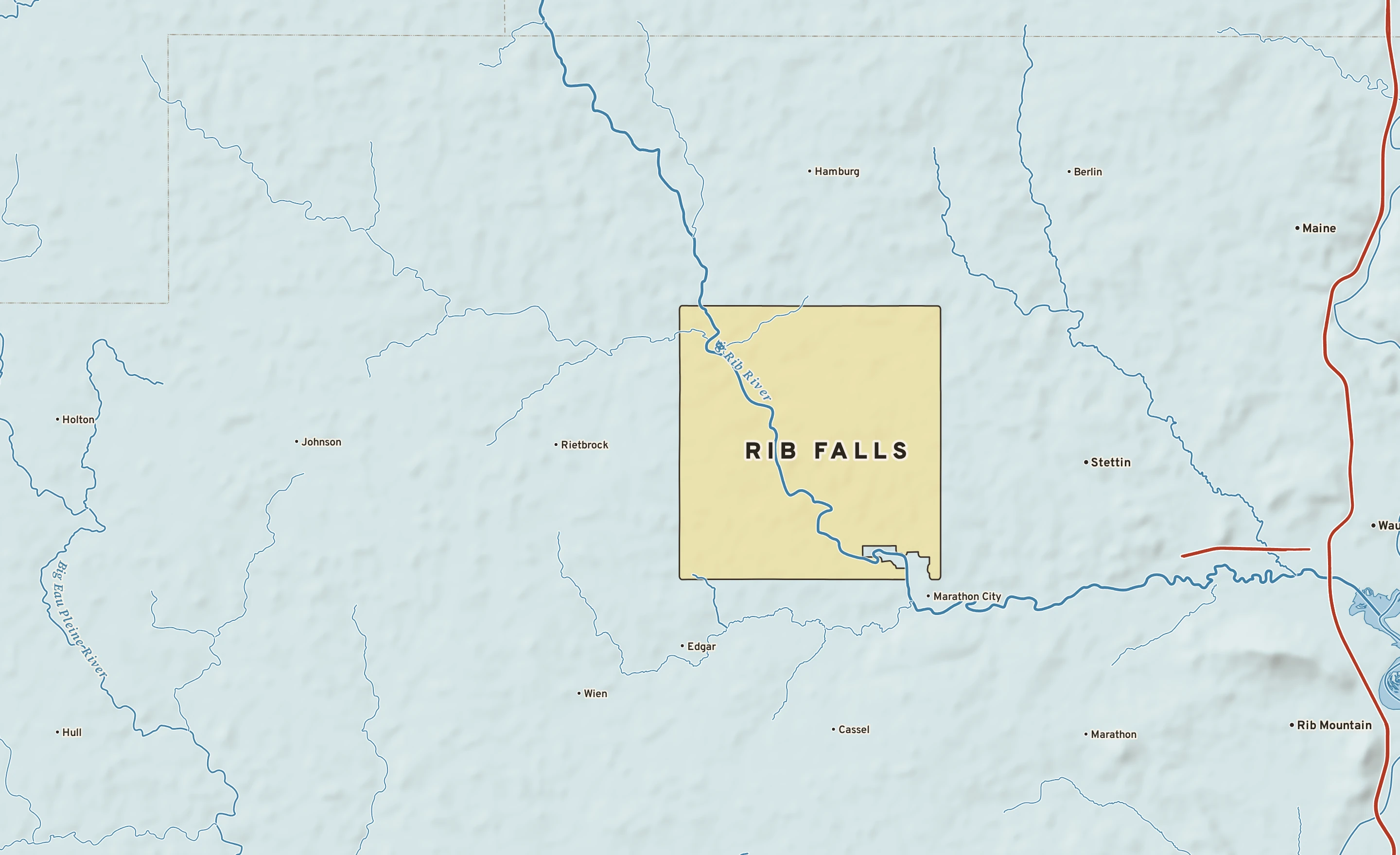 Shaded-relief atlas plate of Rib Falls, Wisconsin: rivers, roads, the city limits and where the water drains.