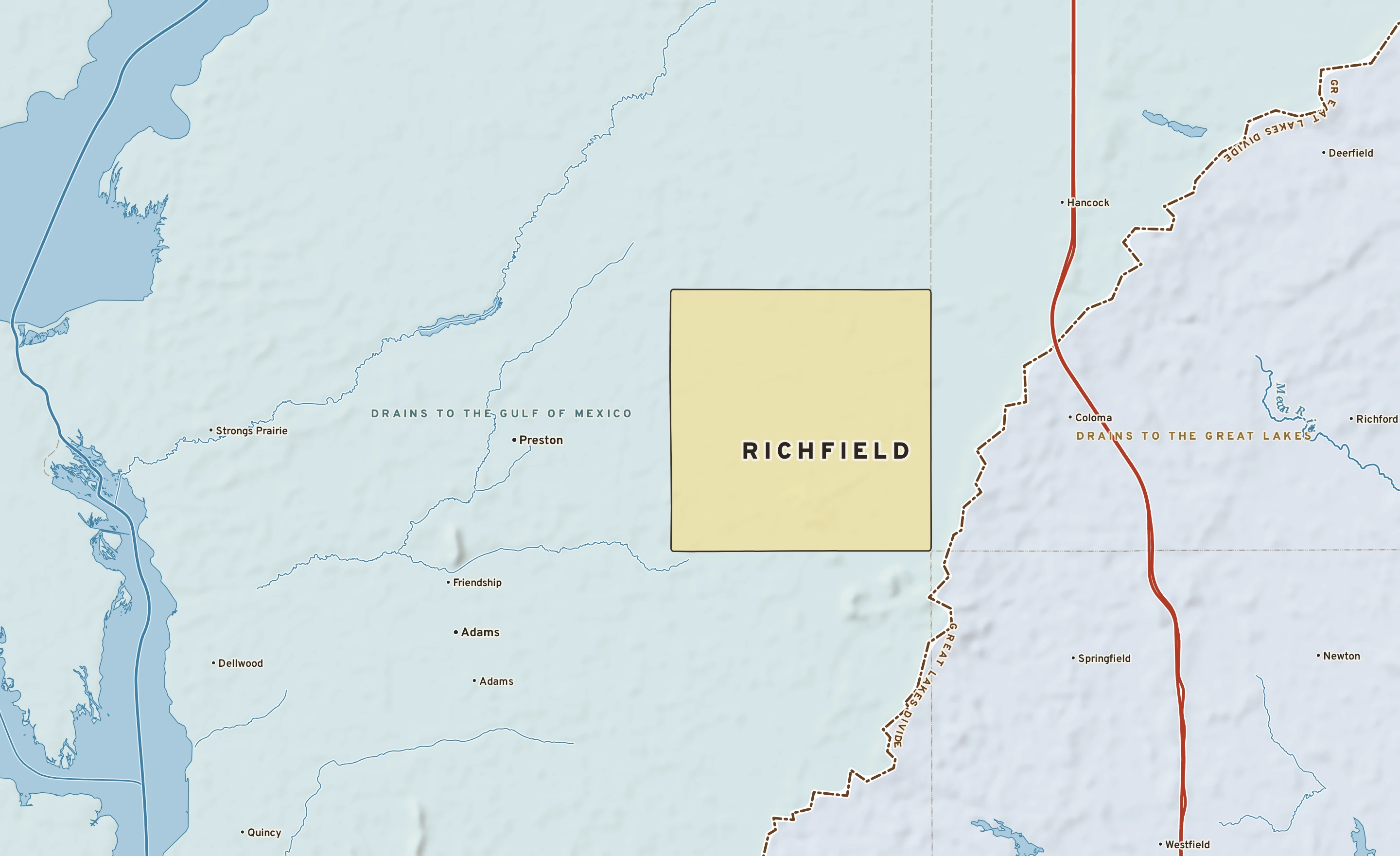 Shaded-relief atlas plate of Richfield, Wisconsin: rivers, roads, the city limits and where the water drains.