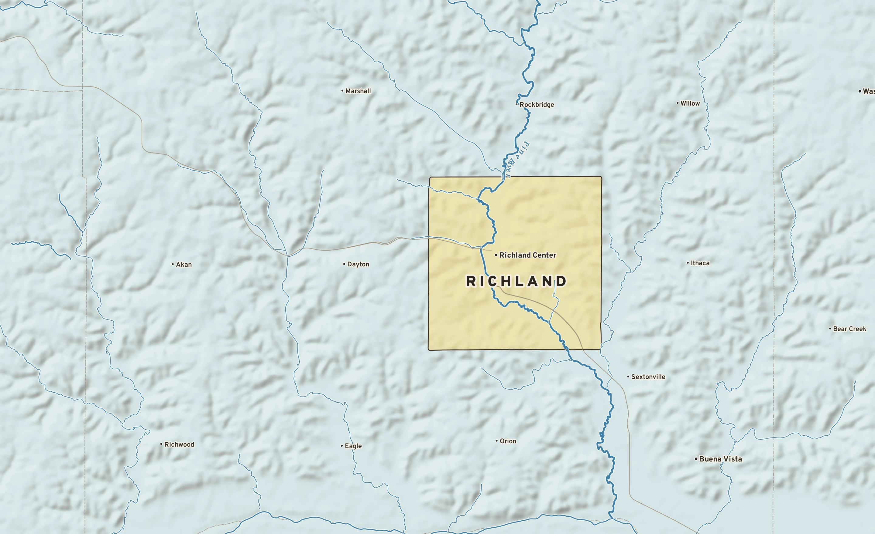 Shaded-relief atlas plate of Richland, Wisconsin: rivers, roads, the city limits and where the water drains.