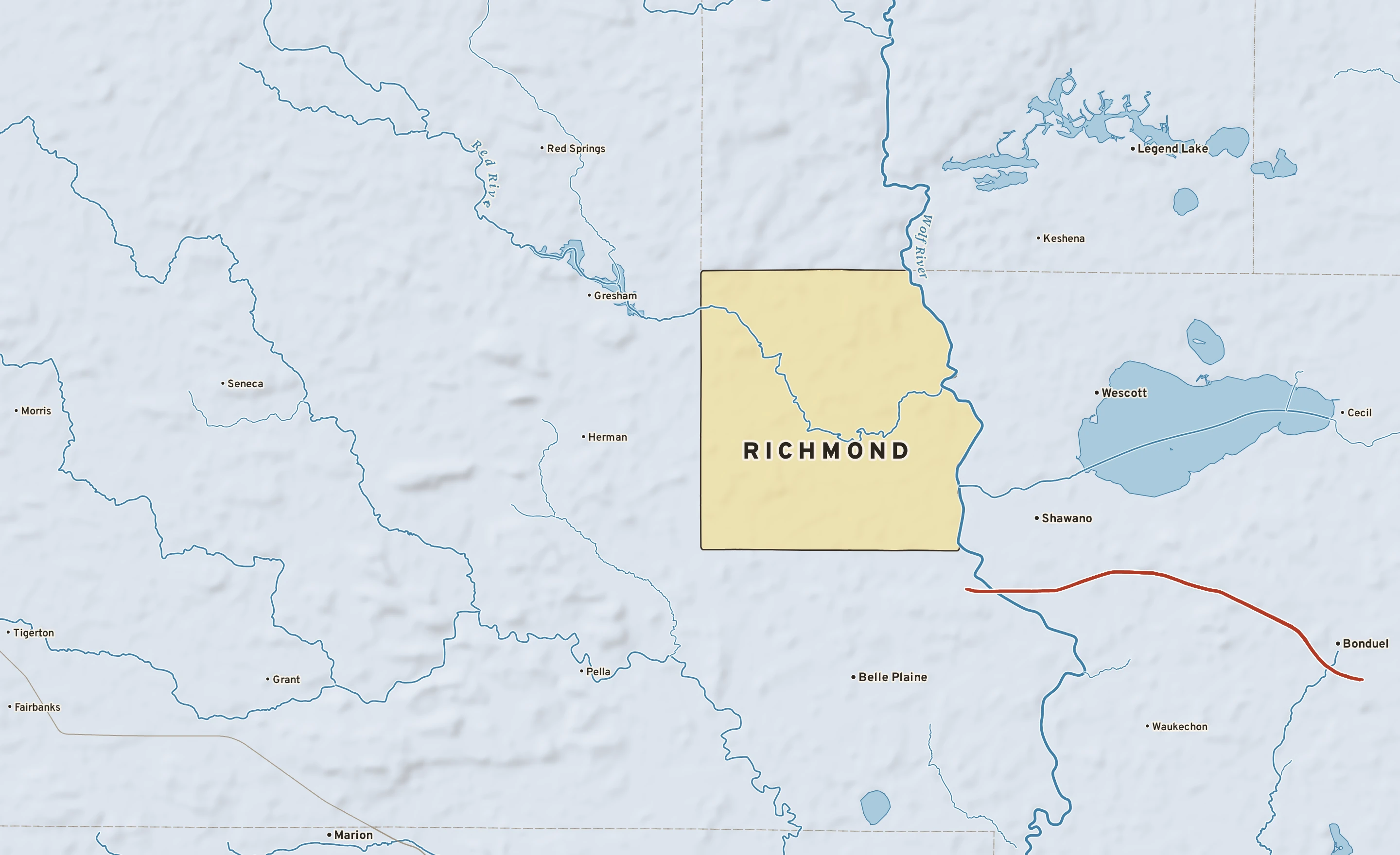 Shaded-relief atlas plate of Richmond, Wisconsin: rivers, roads, the city limits and where the water drains.