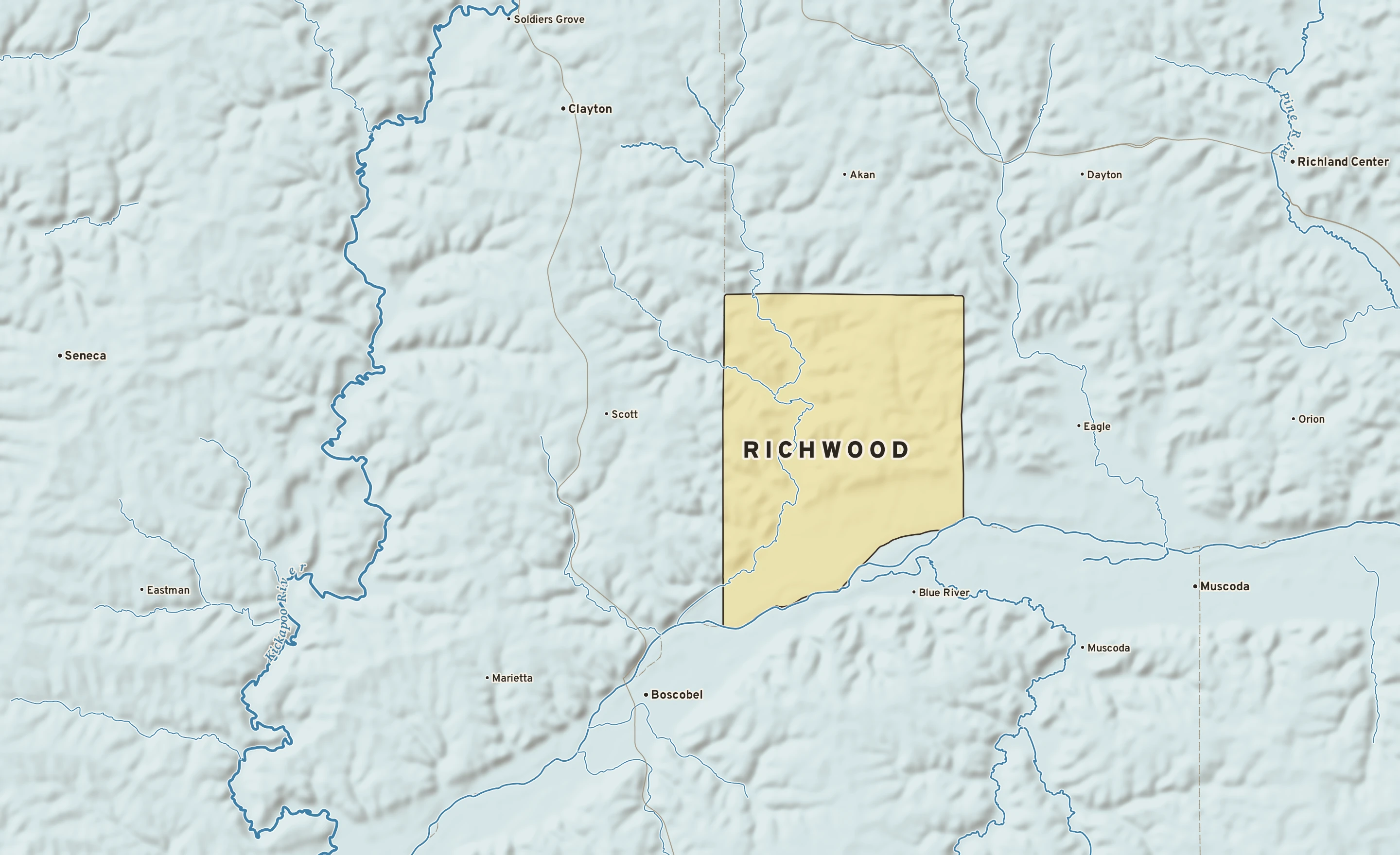 Shaded-relief atlas plate of Richwood, Wisconsin: rivers, roads, the city limits and where the water drains.