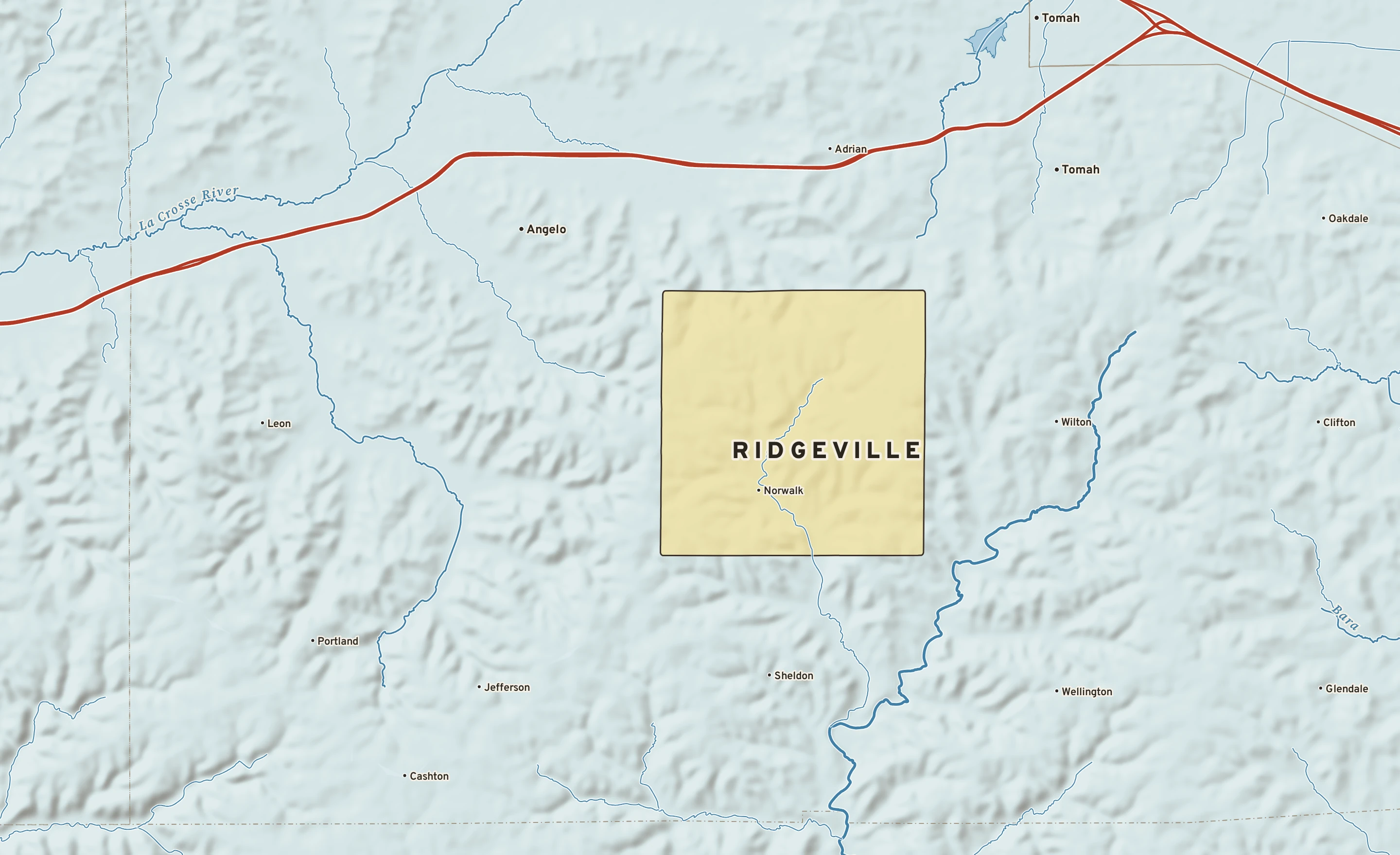 Shaded-relief atlas plate of Ridgeville, Wisconsin: rivers, roads, the city limits and where the water drains.