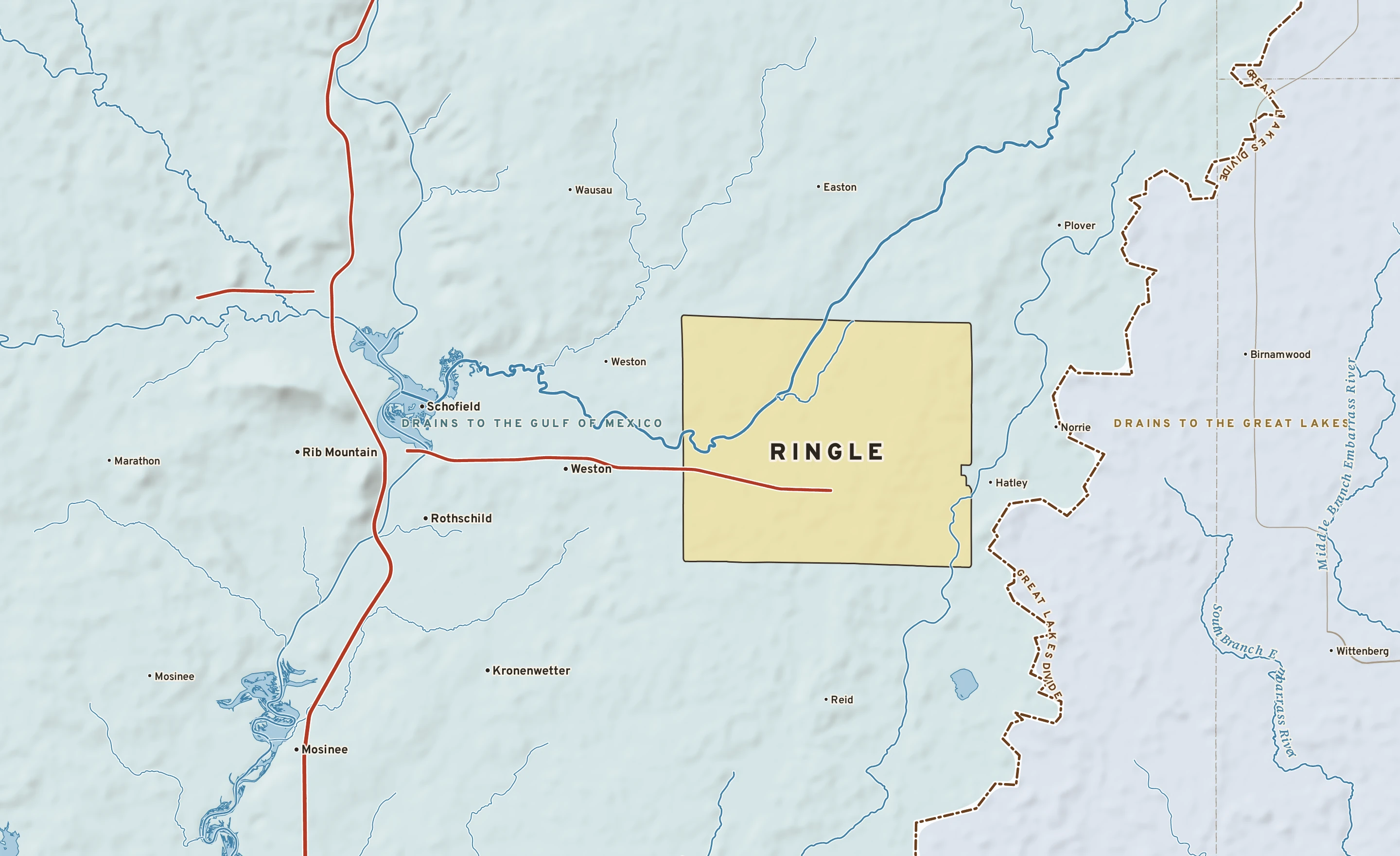 Shaded-relief atlas plate of Ringle, Wisconsin: rivers, roads, the city limits and where the water drains.