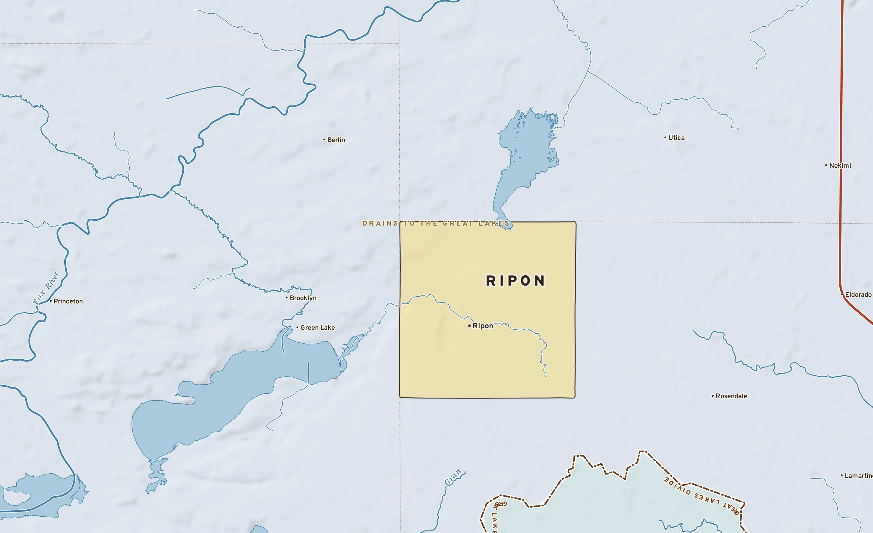 Shaded-relief atlas plate of Ripon, Wisconsin: rivers, roads, the city limits and where the water drains.