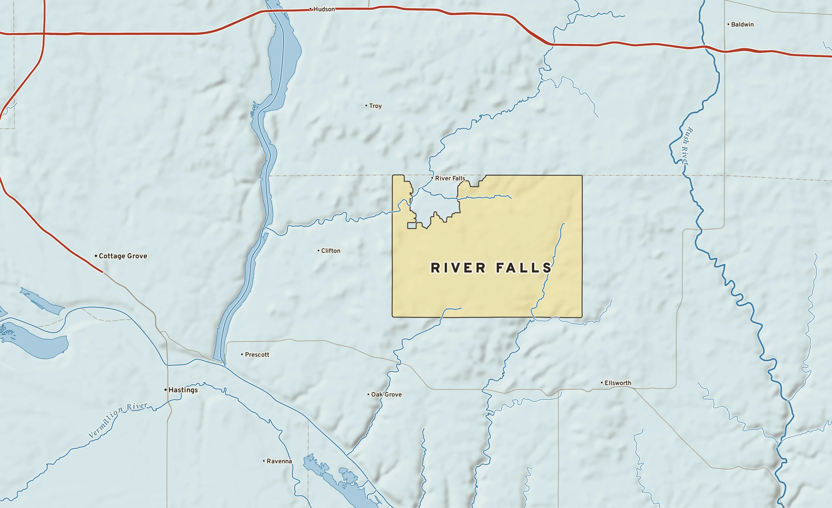 Shaded-relief atlas plate of River Falls, Wisconsin: rivers, roads, the city limits and where the water drains.
