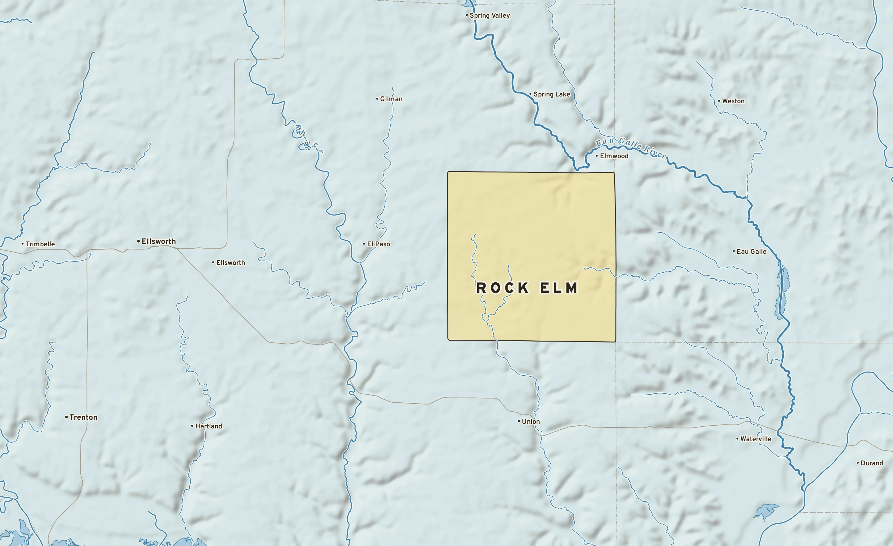 Shaded-relief atlas plate of Rock Elm, Wisconsin: rivers, roads, the city limits and where the water drains.