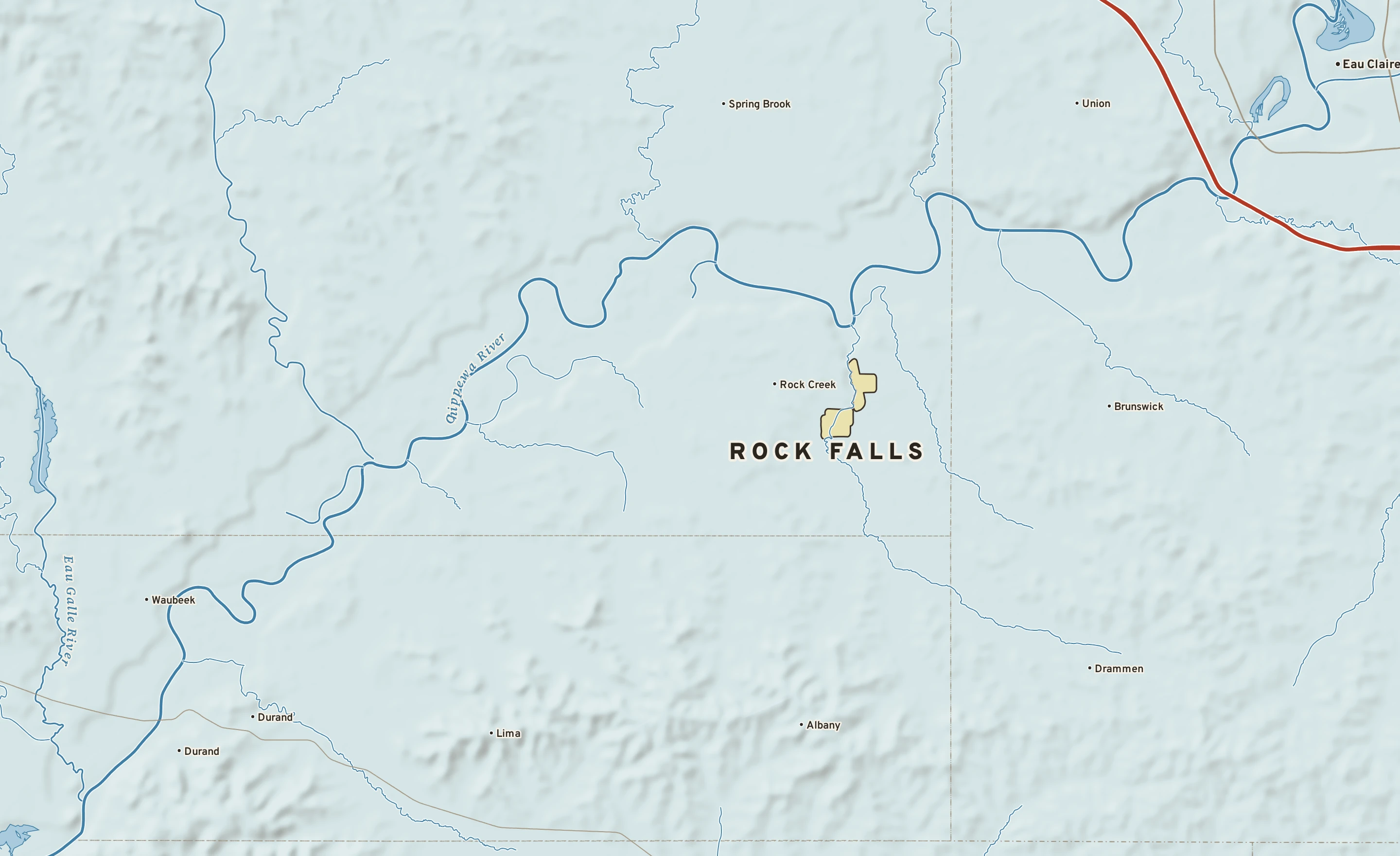 Shaded-relief atlas plate of Rock Falls, Wisconsin: rivers, roads, the city limits and where the water drains.