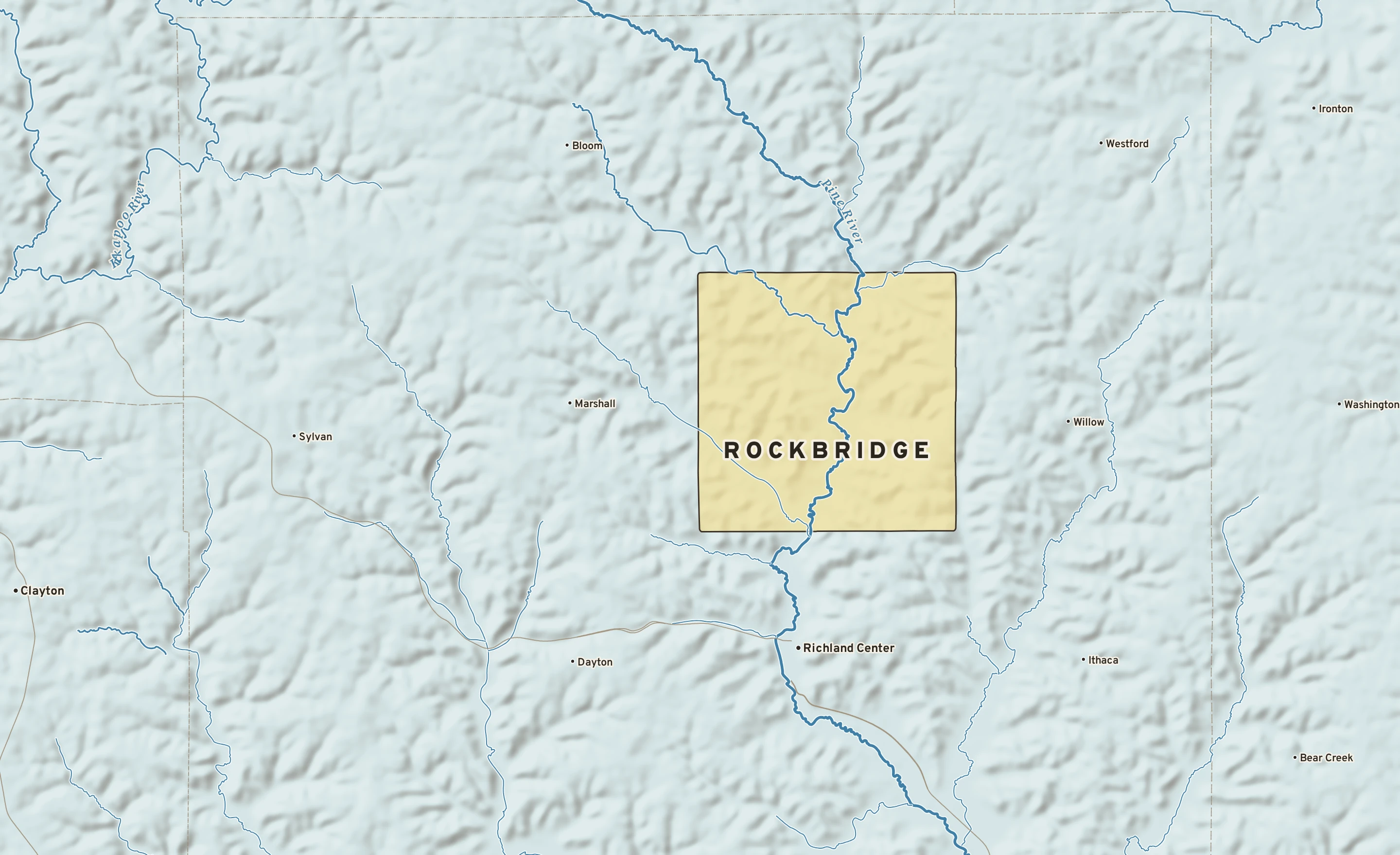 Shaded-relief atlas plate of Rockbridge, Wisconsin: rivers, roads, the city limits and where the water drains.