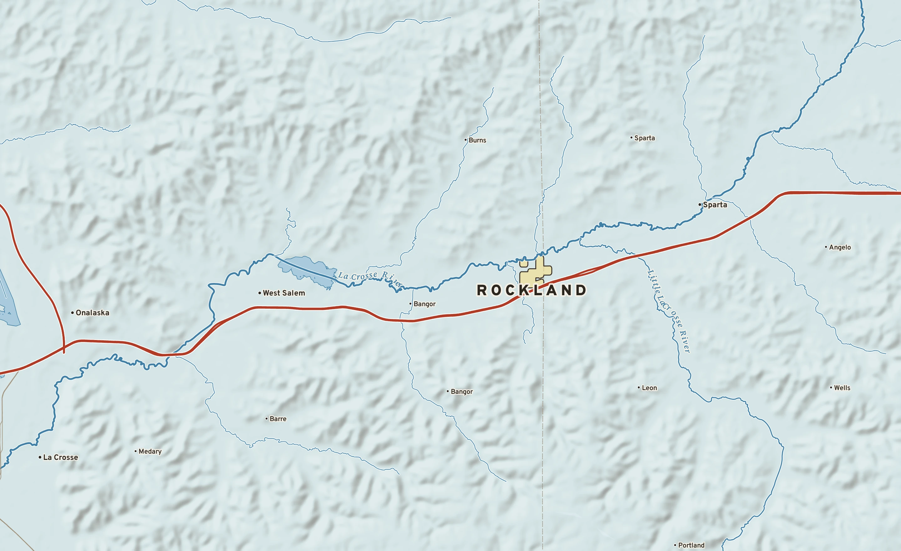 Shaded-relief atlas plate of Rockland, Wisconsin: rivers, roads, the city limits and where the water drains.