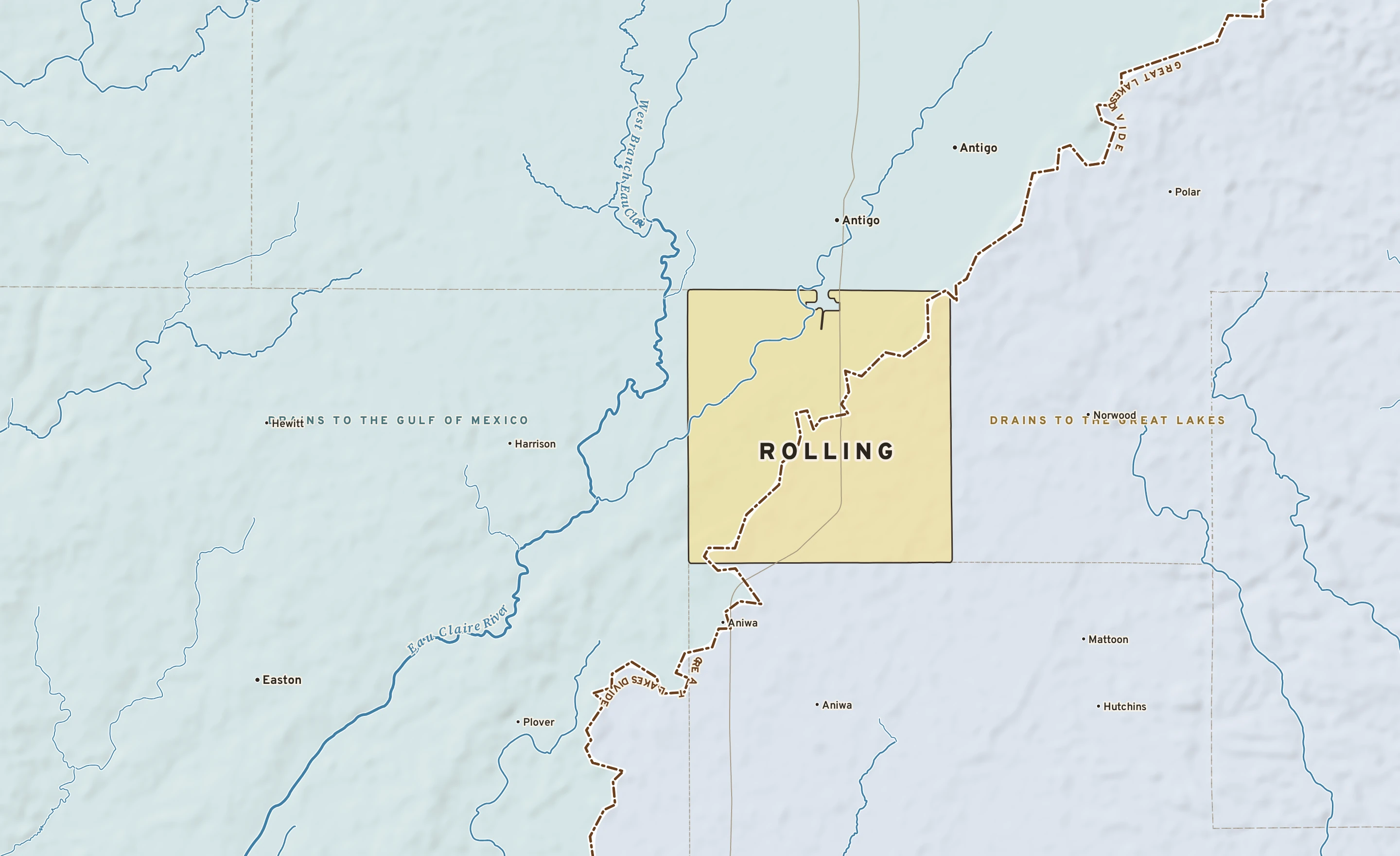 Shaded-relief atlas plate of Rolling, Wisconsin: rivers, roads, the city limits and where the water drains.