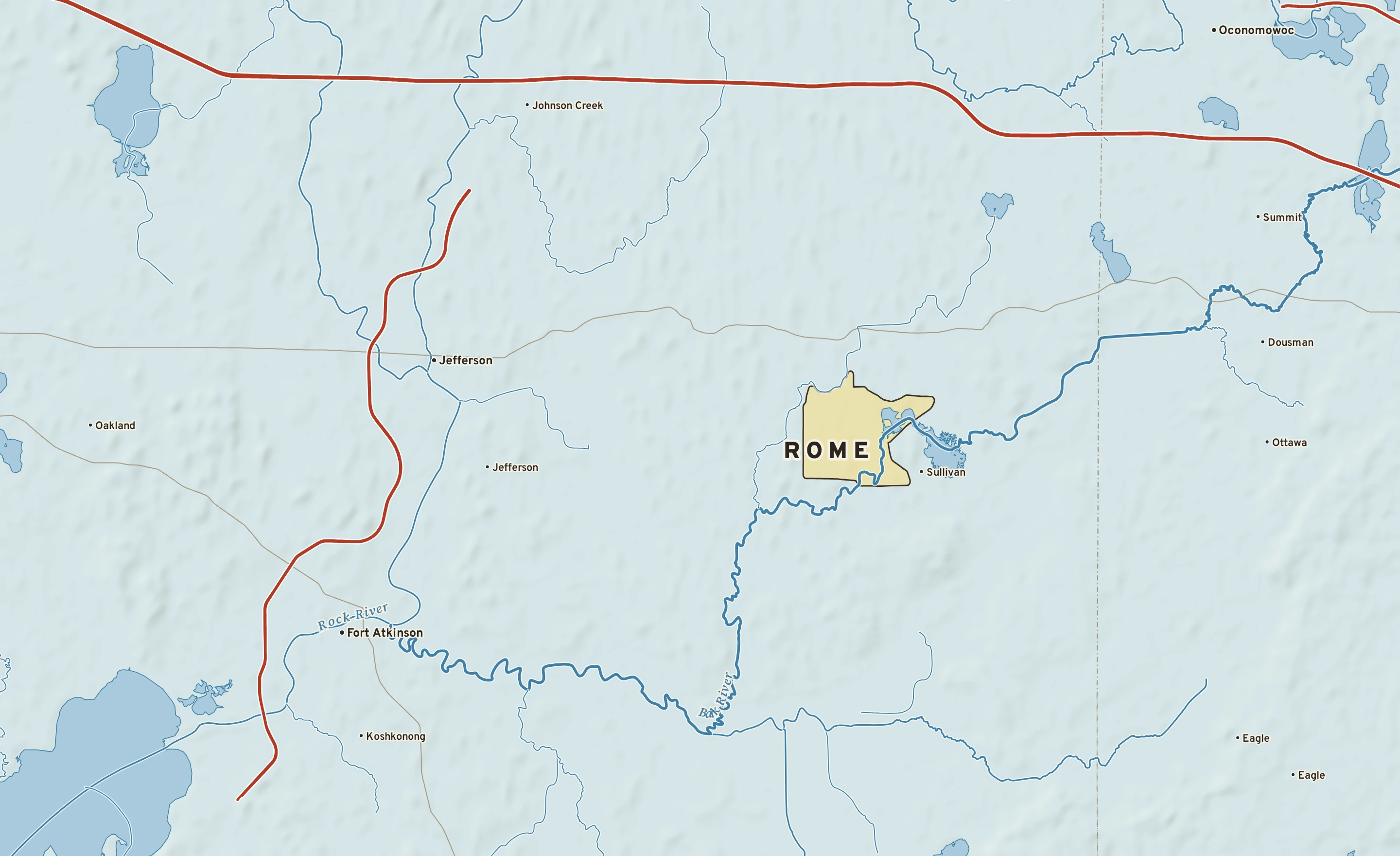 Shaded-relief atlas plate of Rome, Wisconsin: rivers, roads, the city limits and where the water drains.