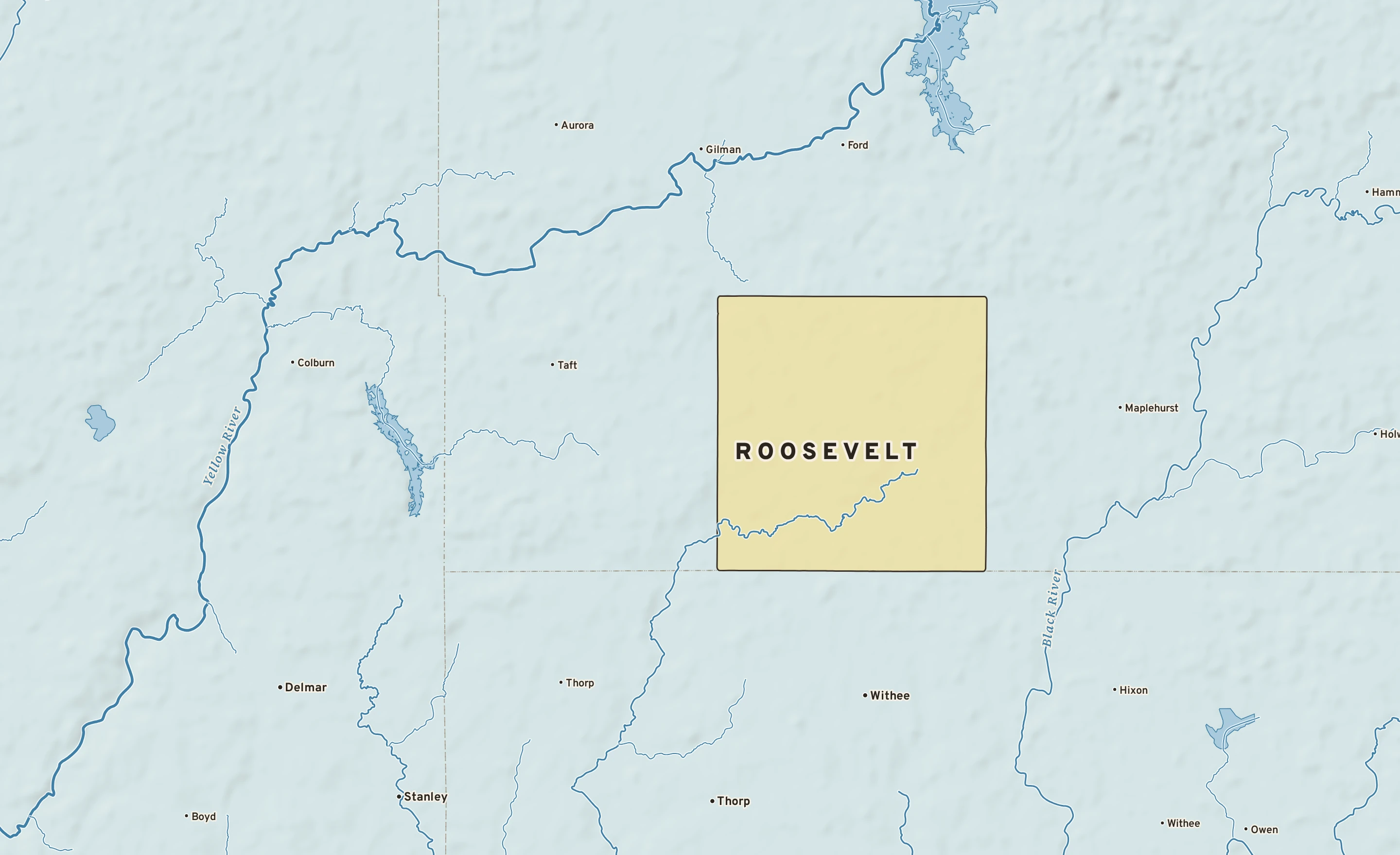 Shaded-relief atlas plate of Roosevelt, Wisconsin: rivers, roads, the city limits and where the water drains.