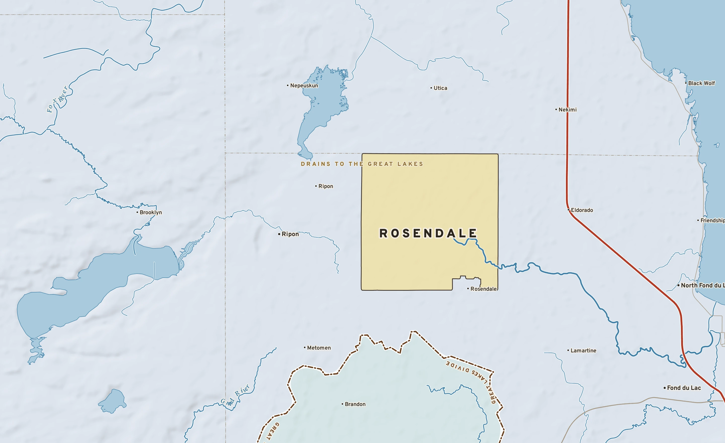 Shaded-relief atlas plate of Rosendale, Wisconsin: rivers, roads, the city limits and where the water drains.