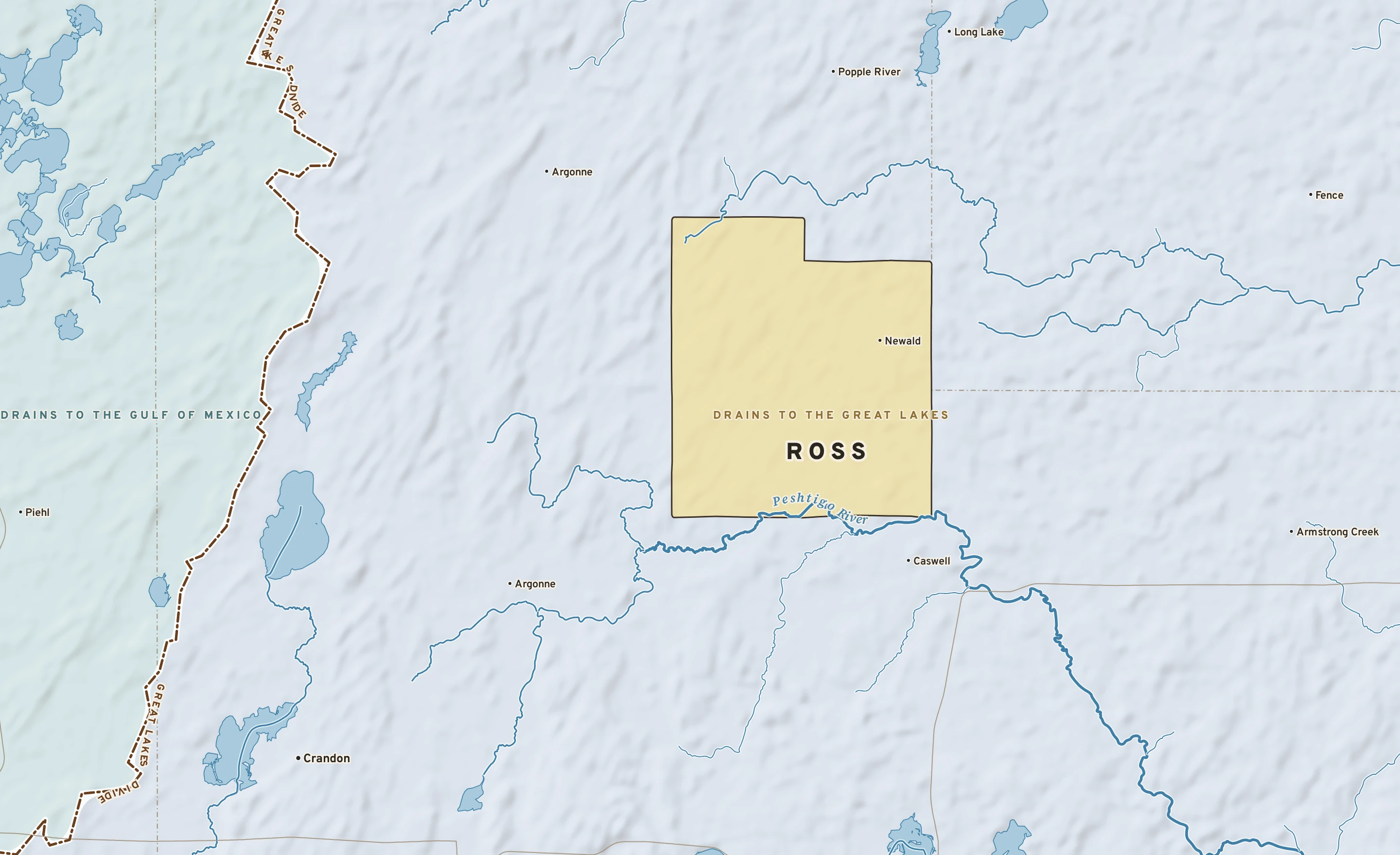 Shaded-relief atlas plate of Ross, Wisconsin: rivers, roads, the city limits and where the water drains.
