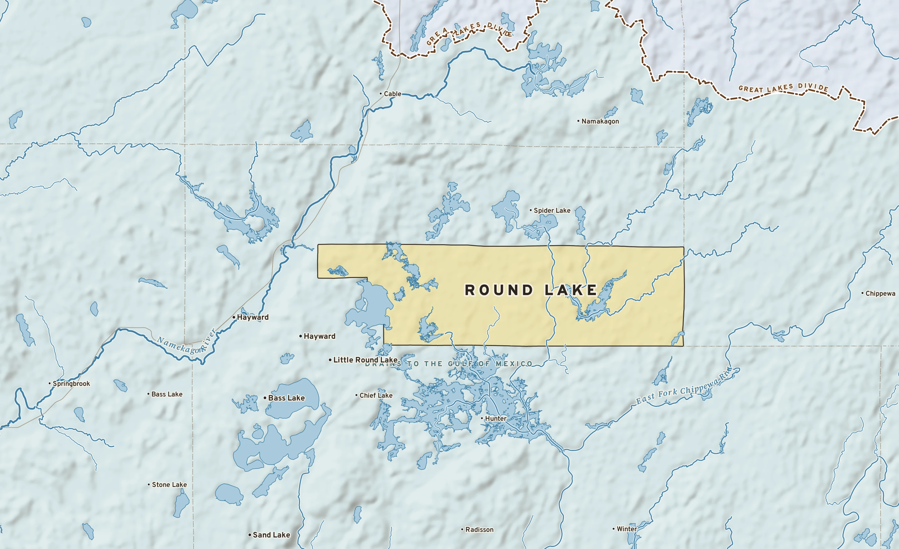 Shaded-relief atlas plate of Round Lake, Wisconsin: rivers, roads, the city limits and where the water drains.