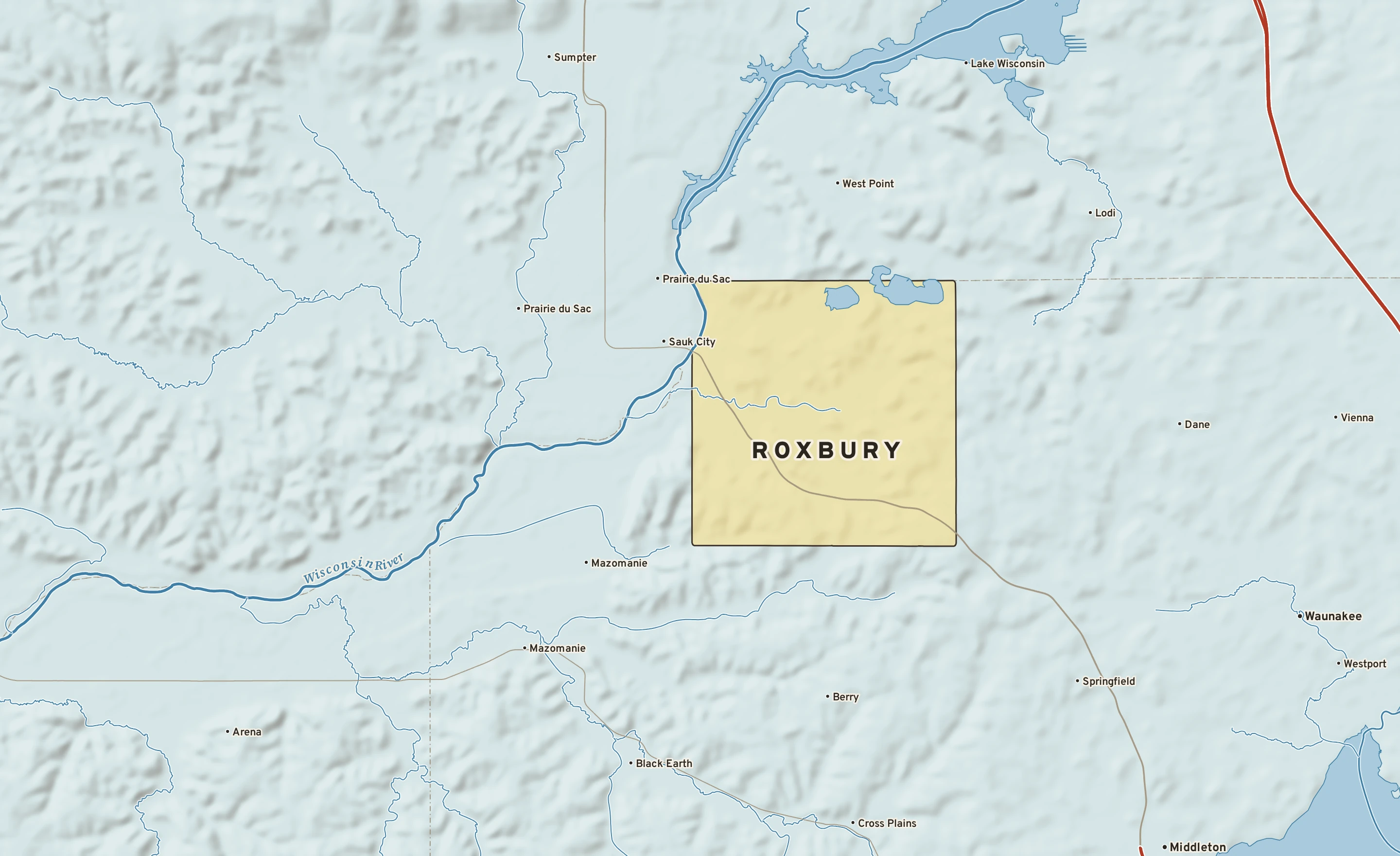 Shaded-relief atlas plate of Roxbury, Wisconsin: rivers, roads, the city limits and where the water drains.