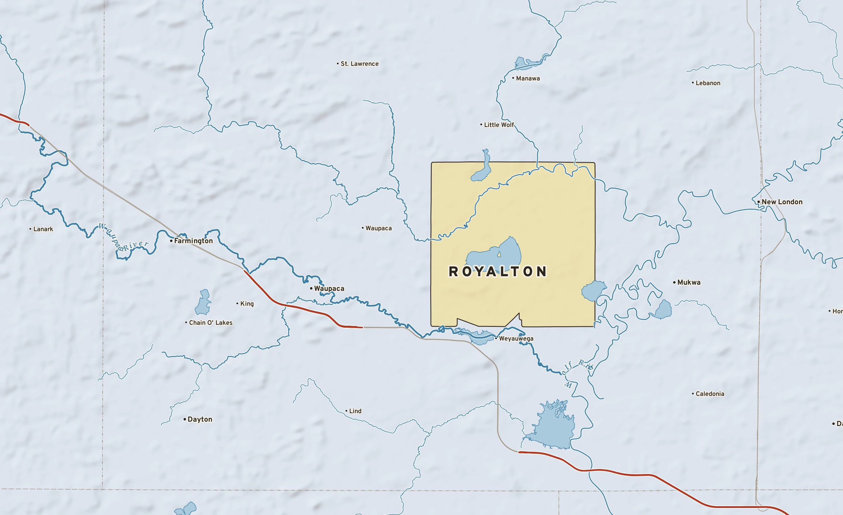 Shaded-relief atlas plate of Royalton, Wisconsin: rivers, roads, the city limits and where the water drains.