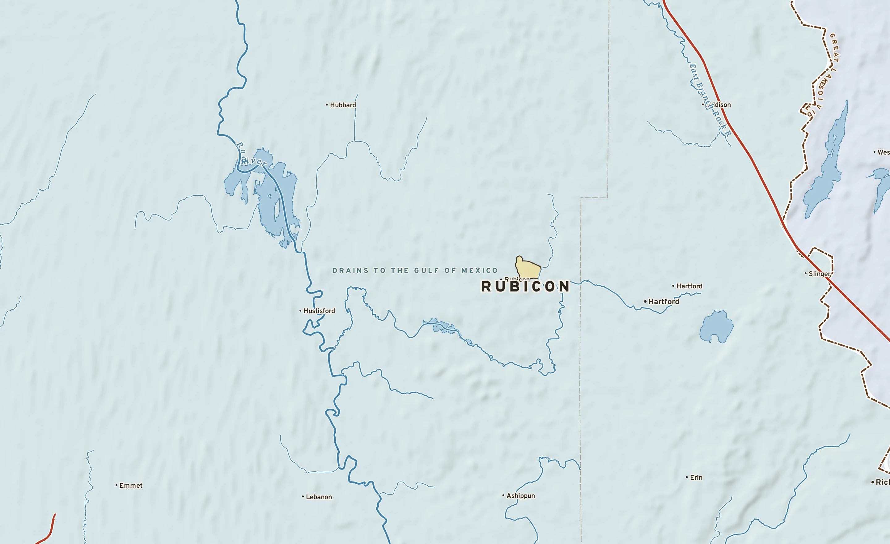 Shaded-relief atlas plate of Rubicon, Wisconsin: rivers, roads, the city limits and where the water drains.