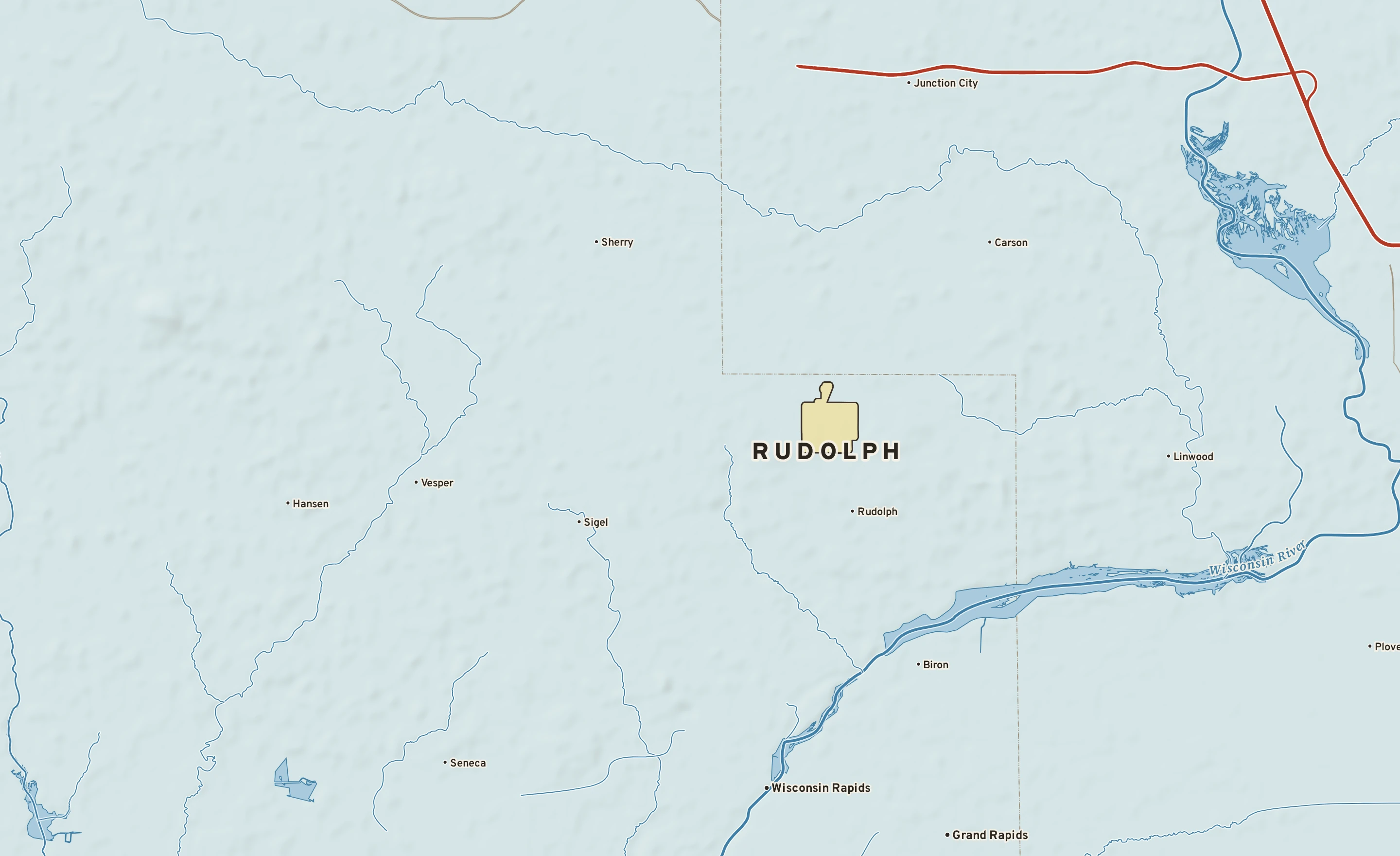 Shaded-relief atlas plate of Rudolph, Wisconsin: rivers, roads, the city limits and where the water drains.