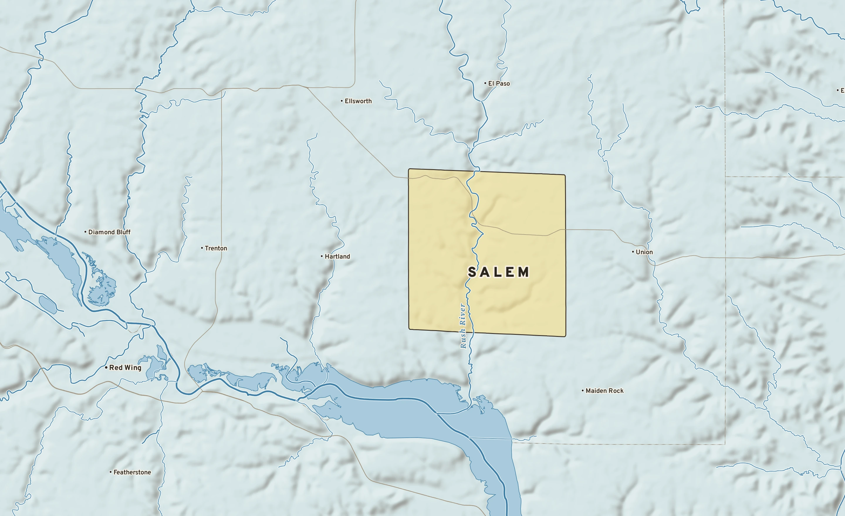 Shaded-relief atlas plate of Salem, Wisconsin: rivers, roads, the city limits and where the water drains.