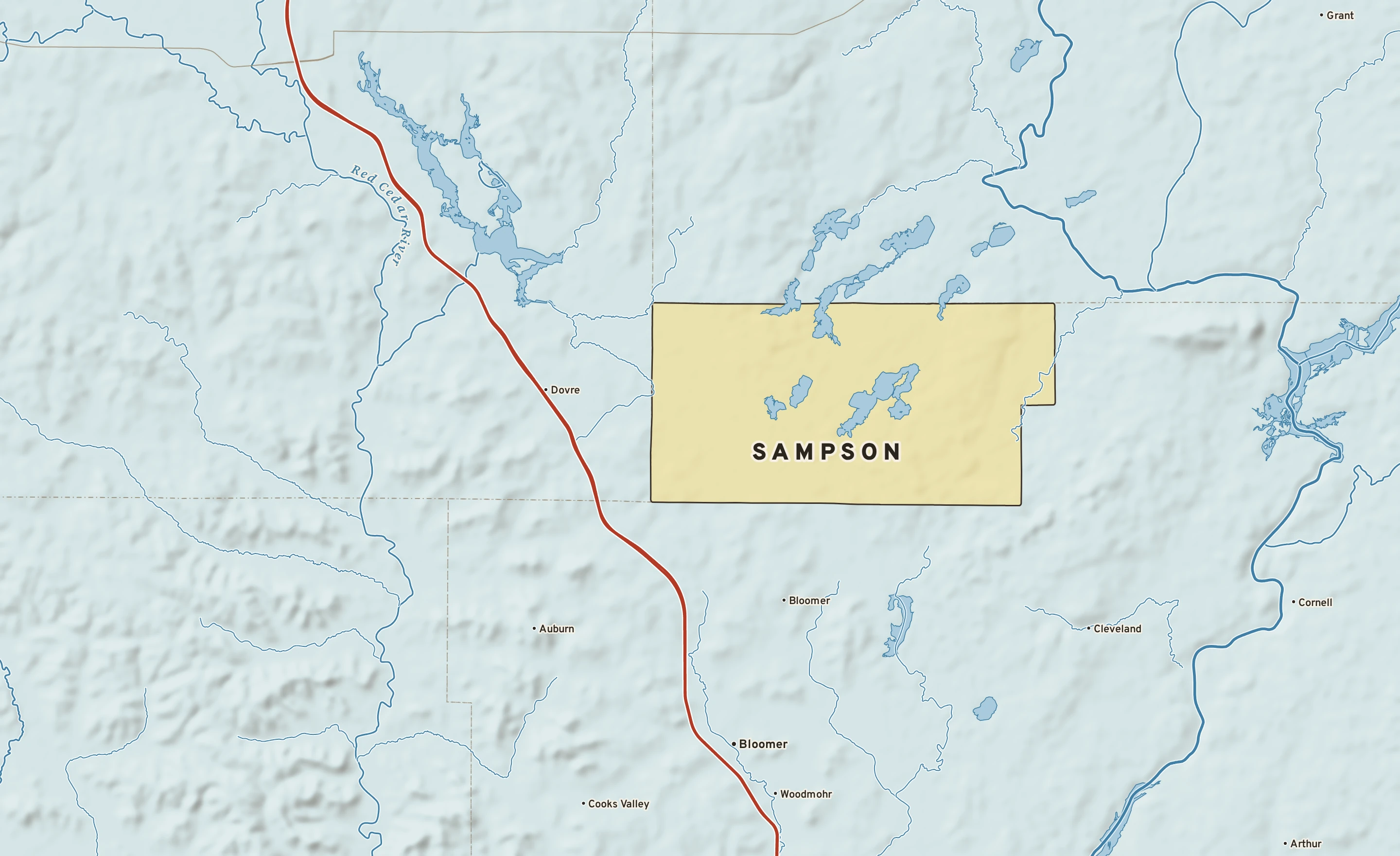 Shaded-relief atlas plate of Sampson, Wisconsin: rivers, roads, the city limits and where the water drains.