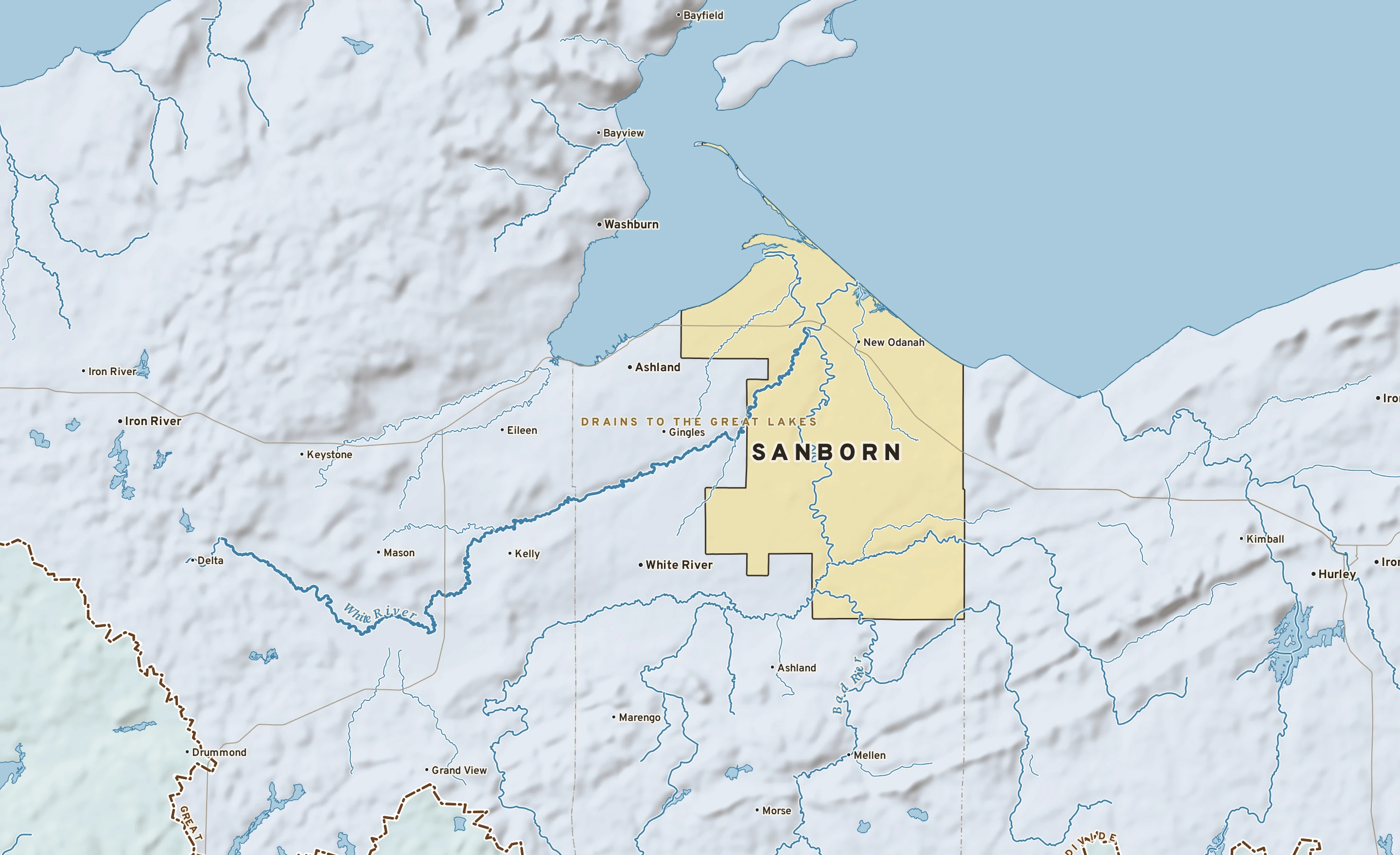 Shaded-relief atlas plate of Sanborn, Wisconsin: rivers, roads, the city limits and where the water drains.