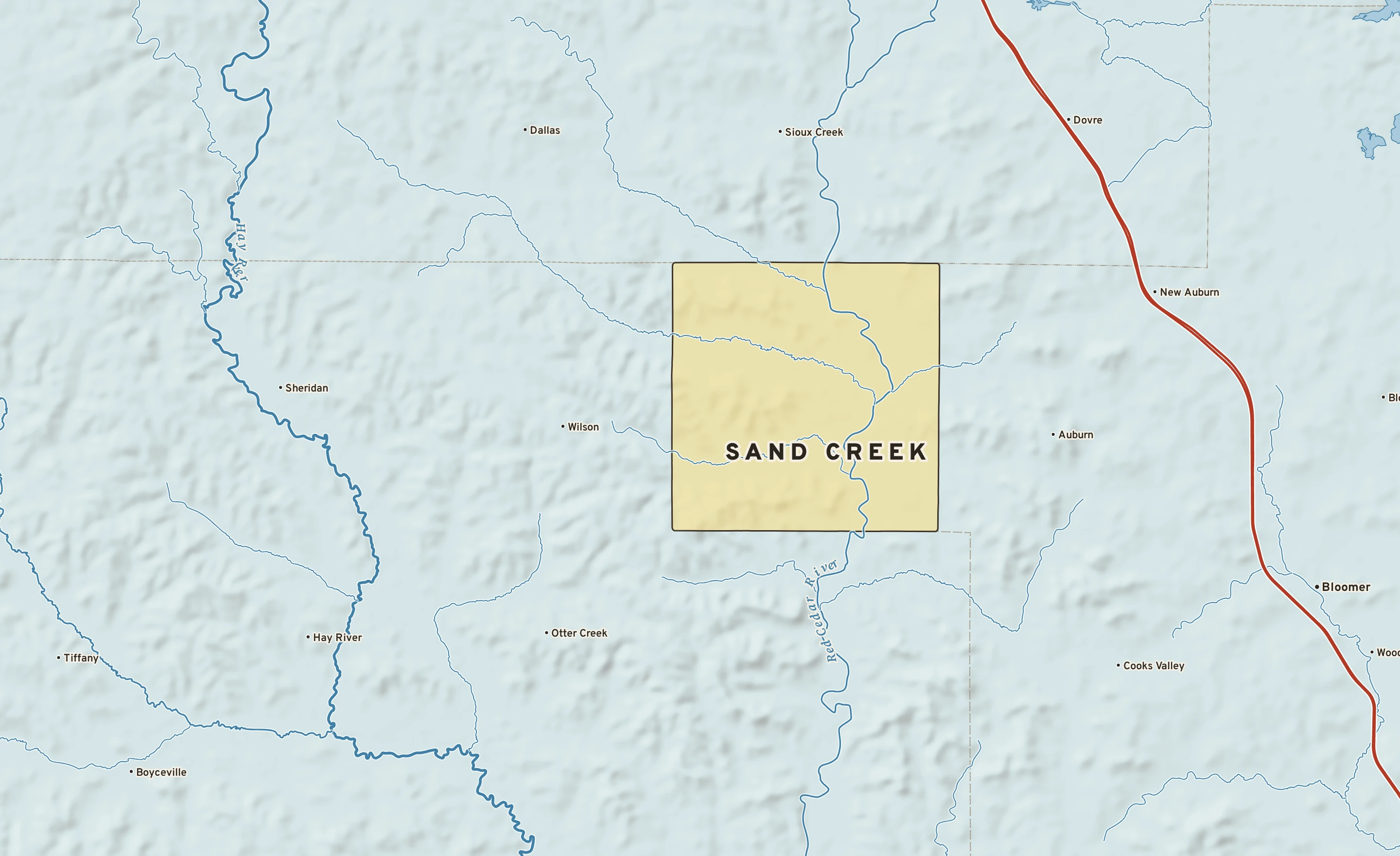 Shaded-relief atlas plate of Sand Creek, Wisconsin: rivers, roads, the city limits and where the water drains.