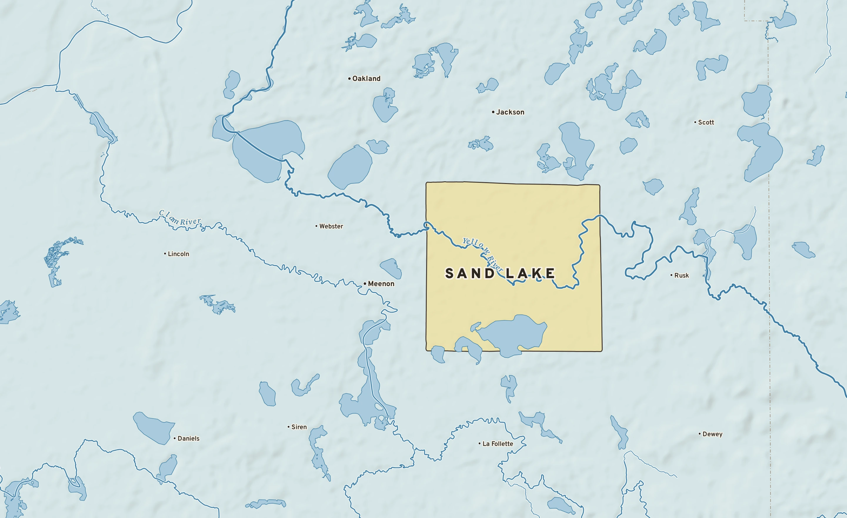 Shaded-relief atlas plate of Sand Lake, Wisconsin: rivers, roads, the city limits and where the water drains.