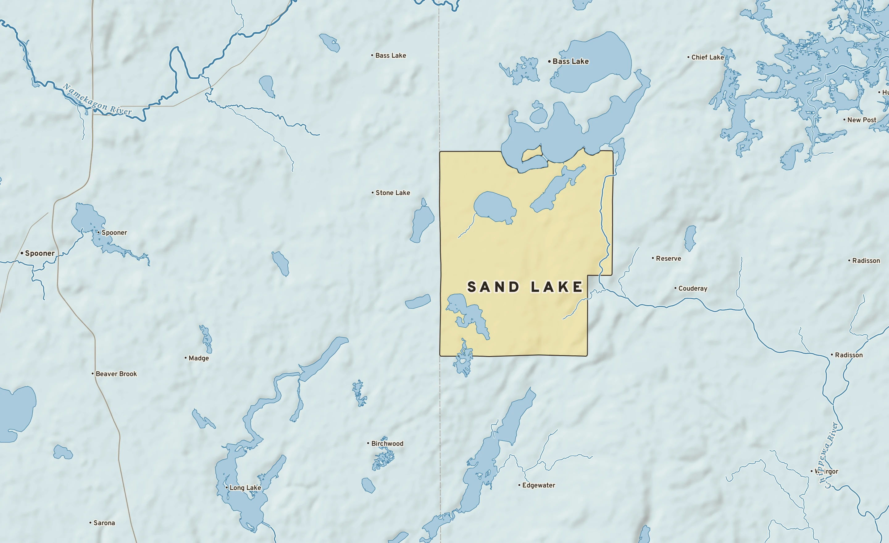 Shaded-relief atlas plate of Sand Lake, Wisconsin: rivers, roads, the city limits and where the water drains.