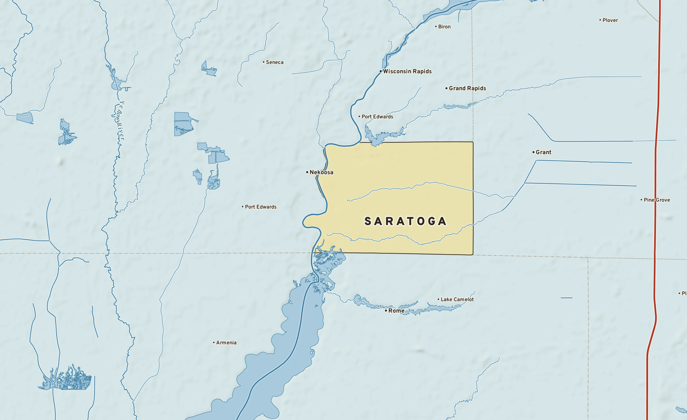 Shaded-relief atlas plate of Saratoga, Wisconsin: rivers, roads, the city limits and where the water drains.