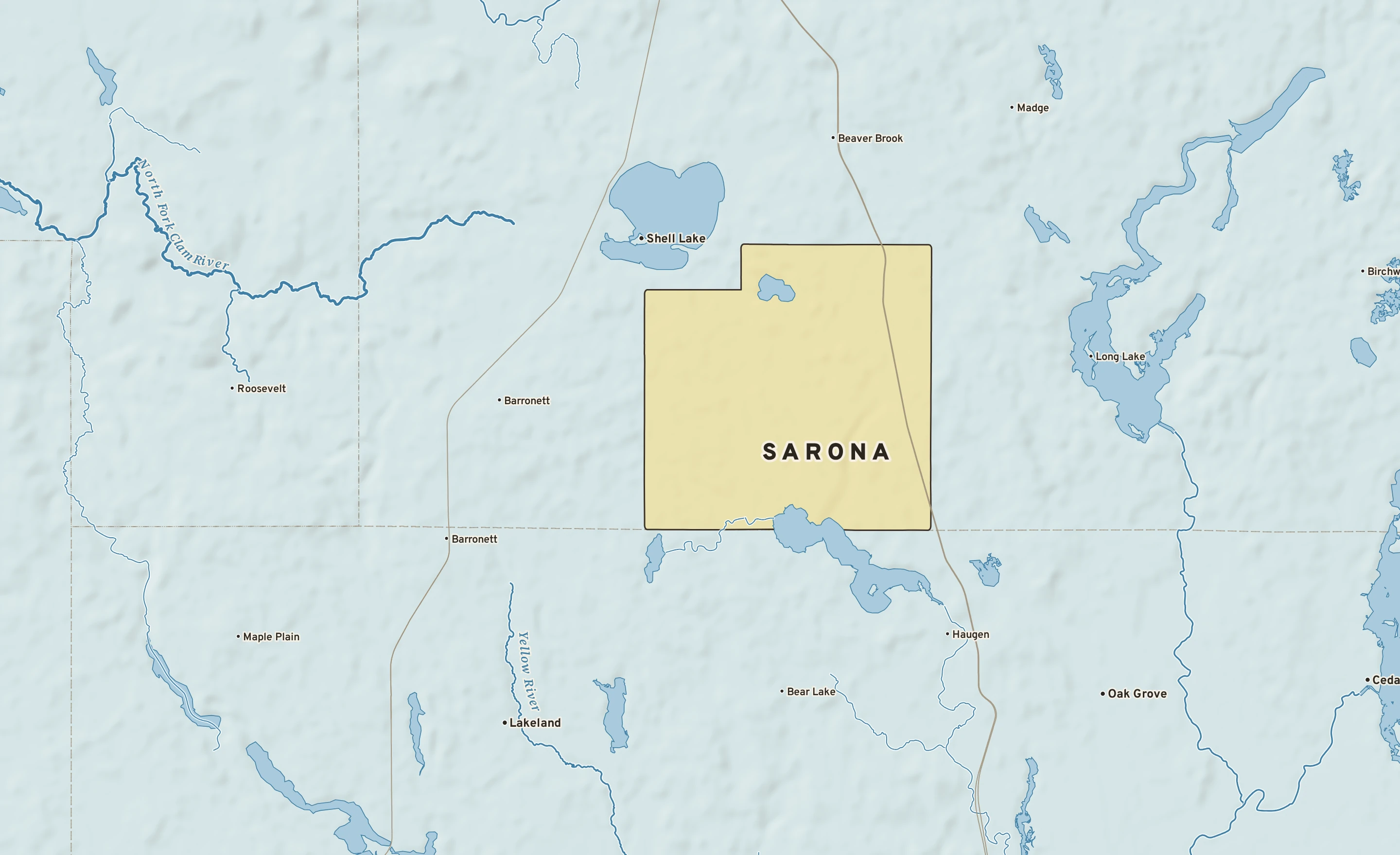 Shaded-relief atlas plate of Sarona, Wisconsin: rivers, roads, the city limits and where the water drains.