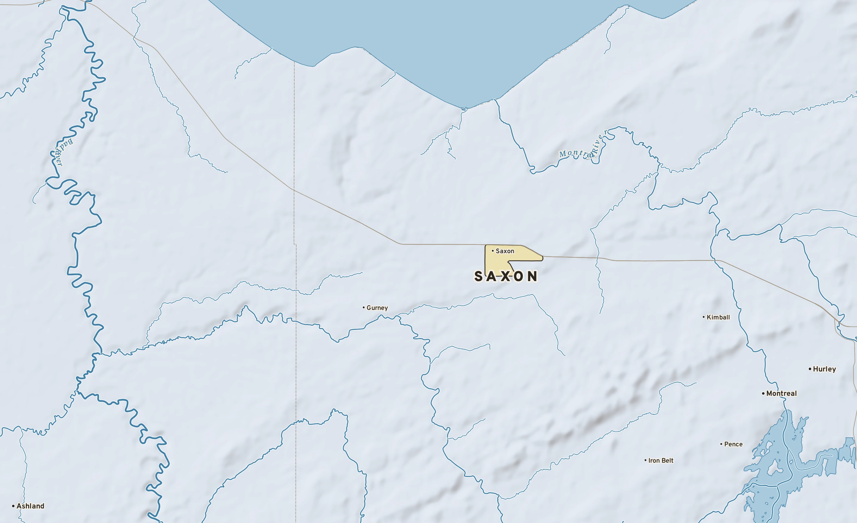 Shaded-relief atlas plate of Saxon, Wisconsin: rivers, roads, the city limits and where the water drains.