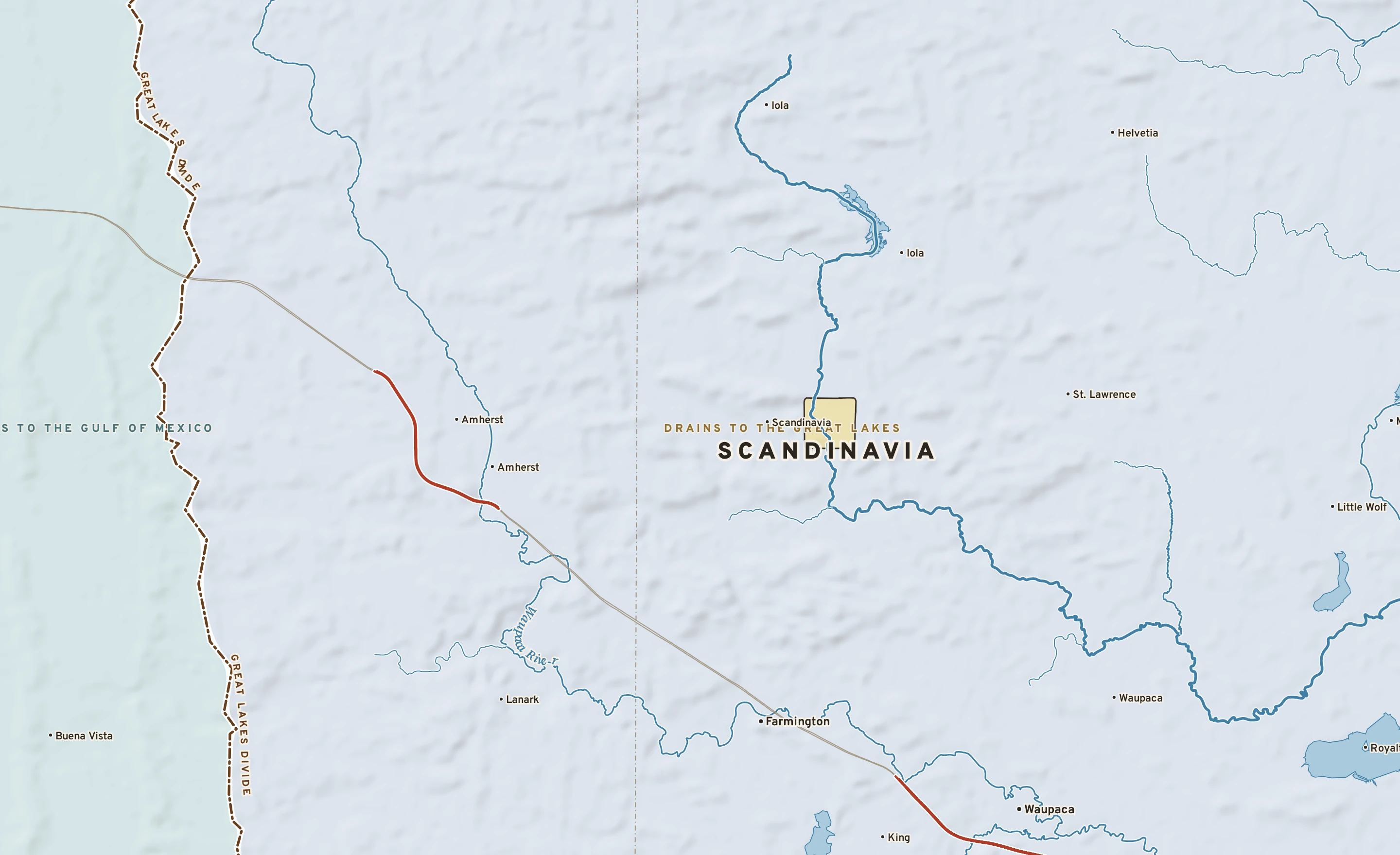 Shaded-relief atlas plate of Scandinavia, Wisconsin: rivers, roads, the city limits and where the water drains.