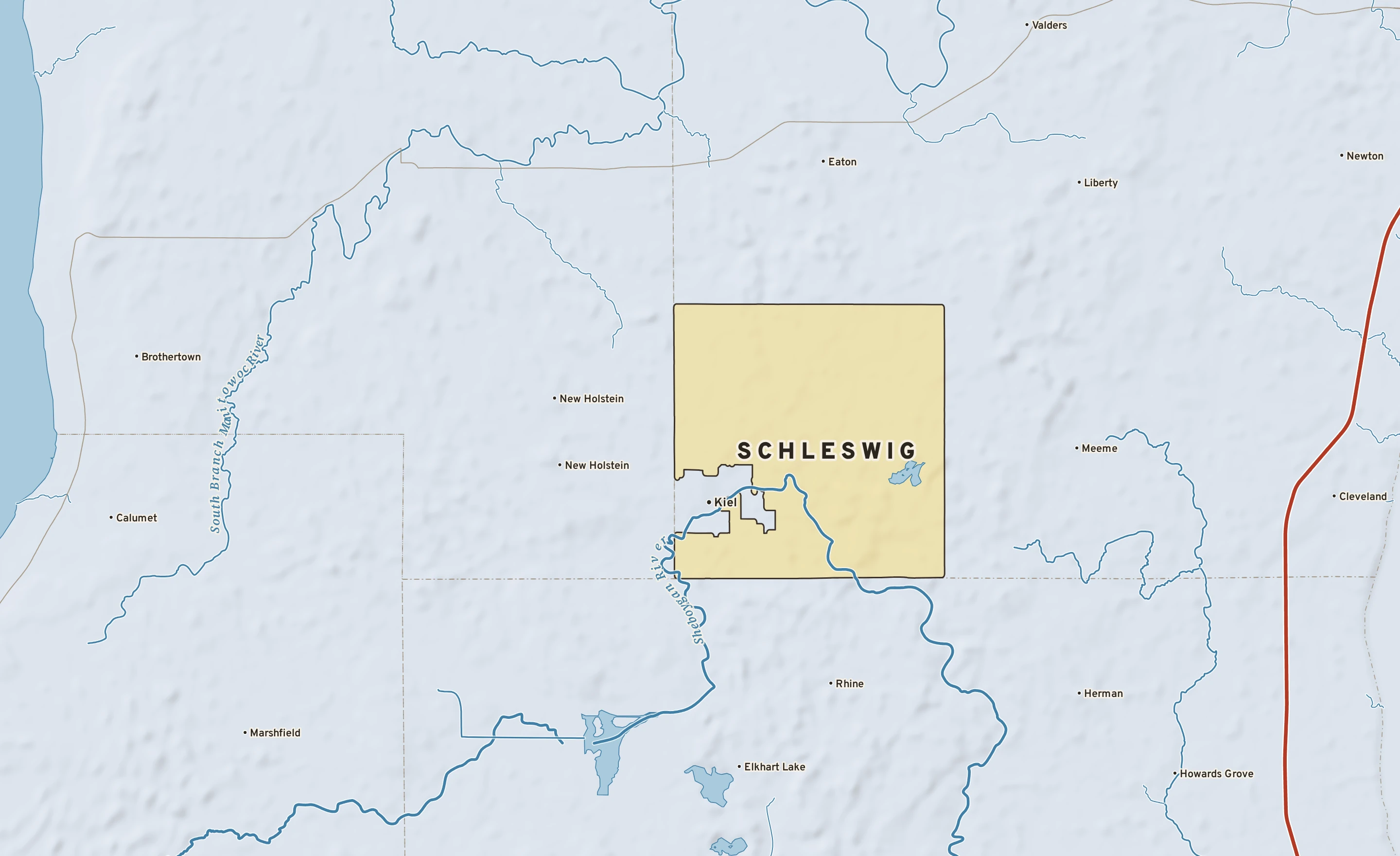 Shaded-relief atlas plate of Schleswig, Wisconsin: rivers, roads, the city limits and where the water drains.
