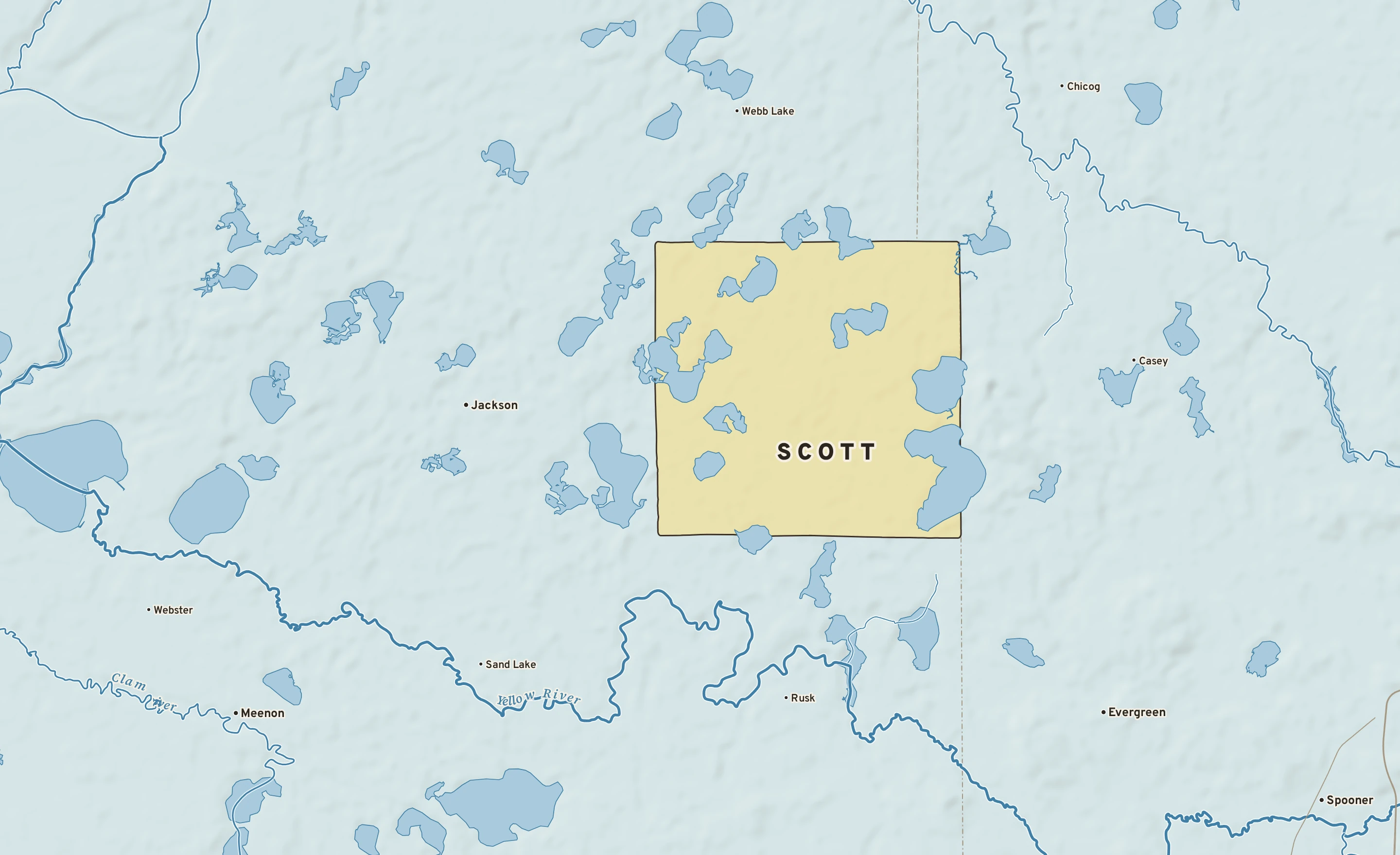 Shaded-relief atlas plate of Scott, Wisconsin: rivers, roads, the city limits and where the water drains.