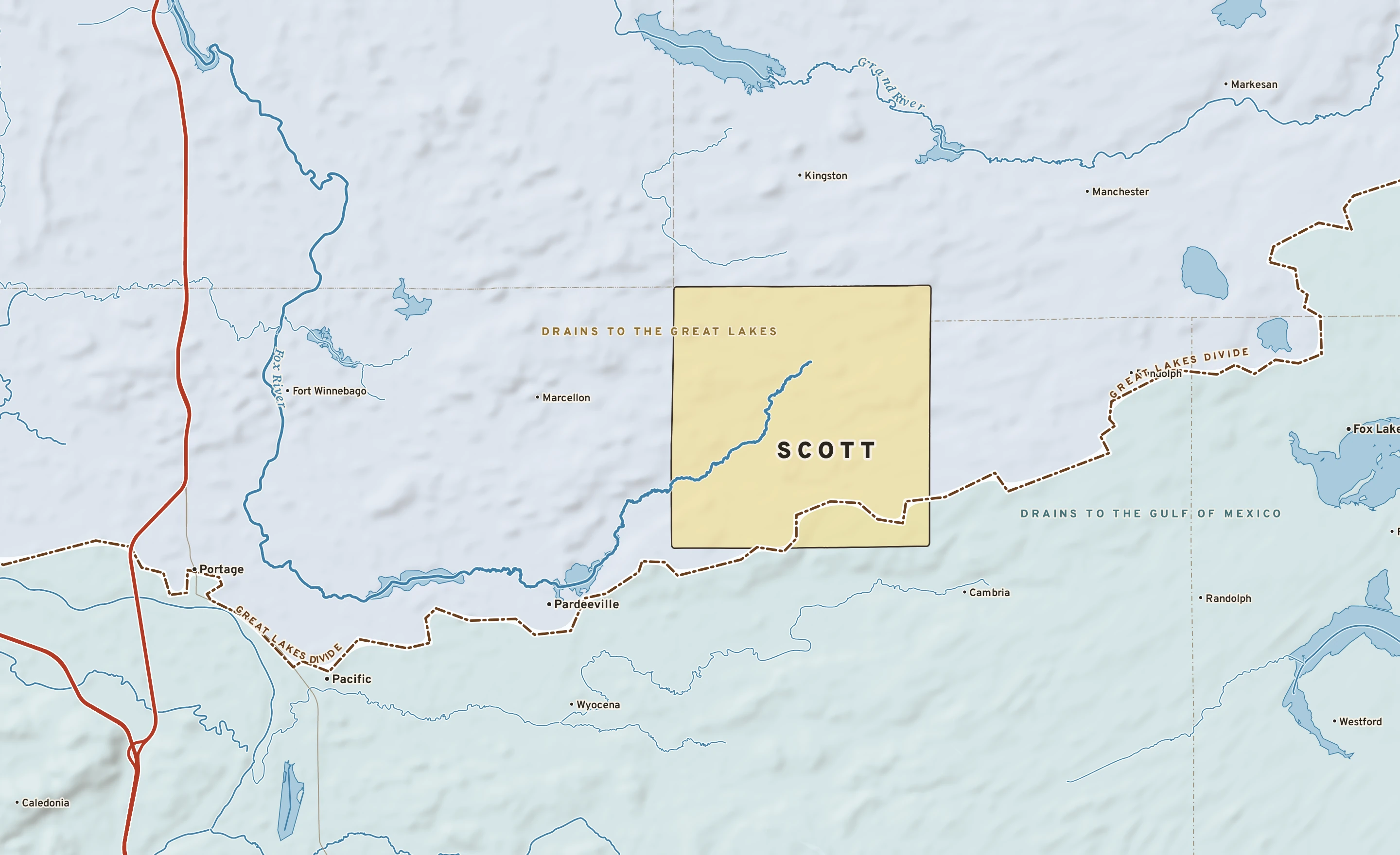 Shaded-relief atlas plate of Scott, Wisconsin: rivers, roads, the city limits and where the water drains.