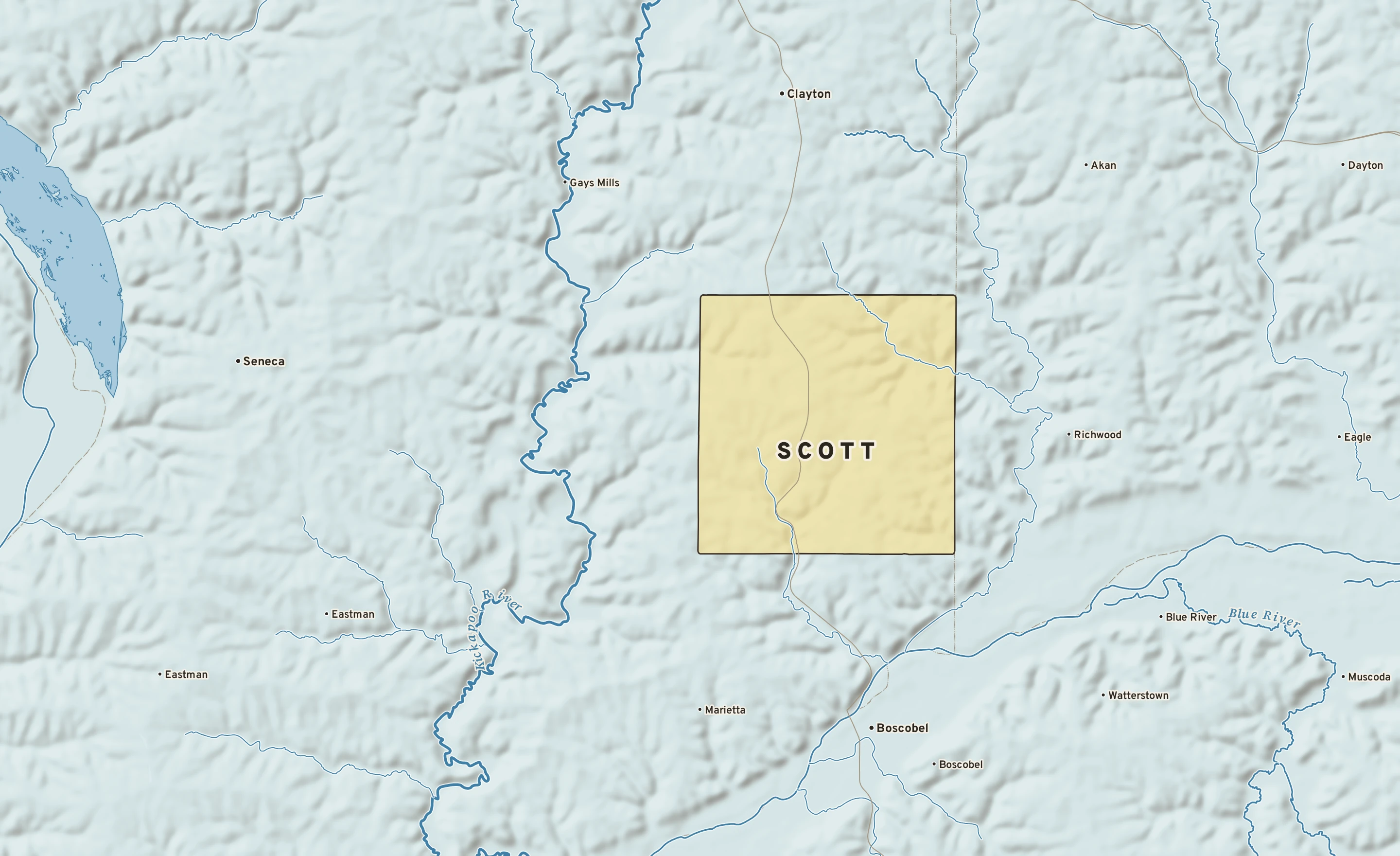 Shaded-relief atlas plate of Scott, Wisconsin: rivers, roads, the city limits and where the water drains.