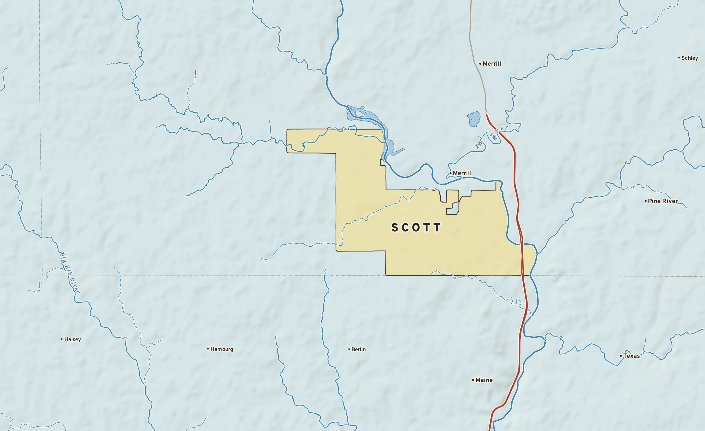 Shaded-relief atlas plate of Scott, Wisconsin: rivers, roads, the city limits and where the water drains.