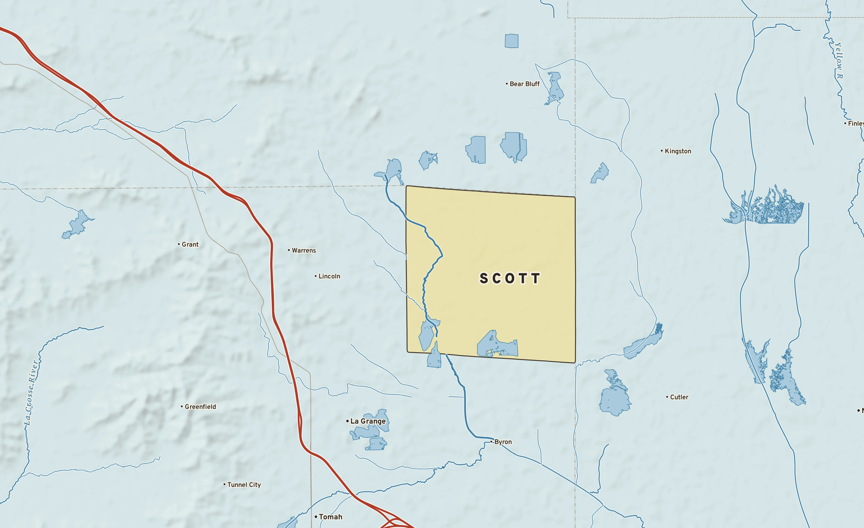 Shaded-relief atlas plate of Scott, Wisconsin: rivers, roads, the city limits and where the water drains.