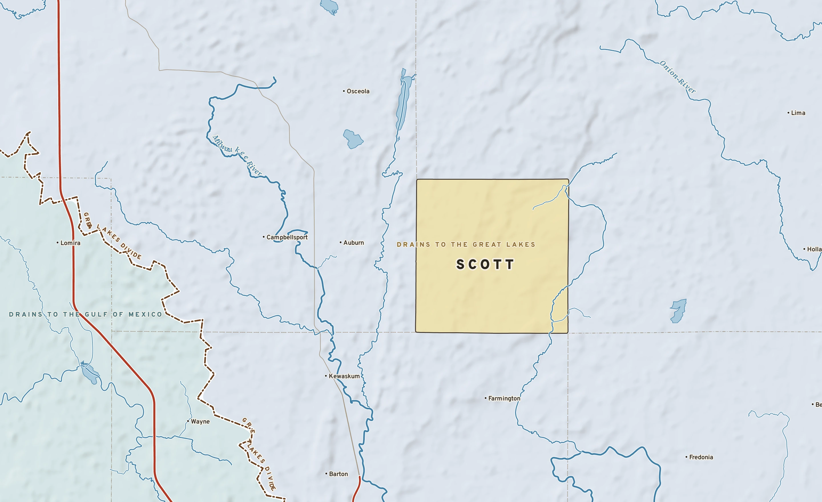 Shaded-relief atlas plate of Scott, Wisconsin: rivers, roads, the city limits and where the water drains.