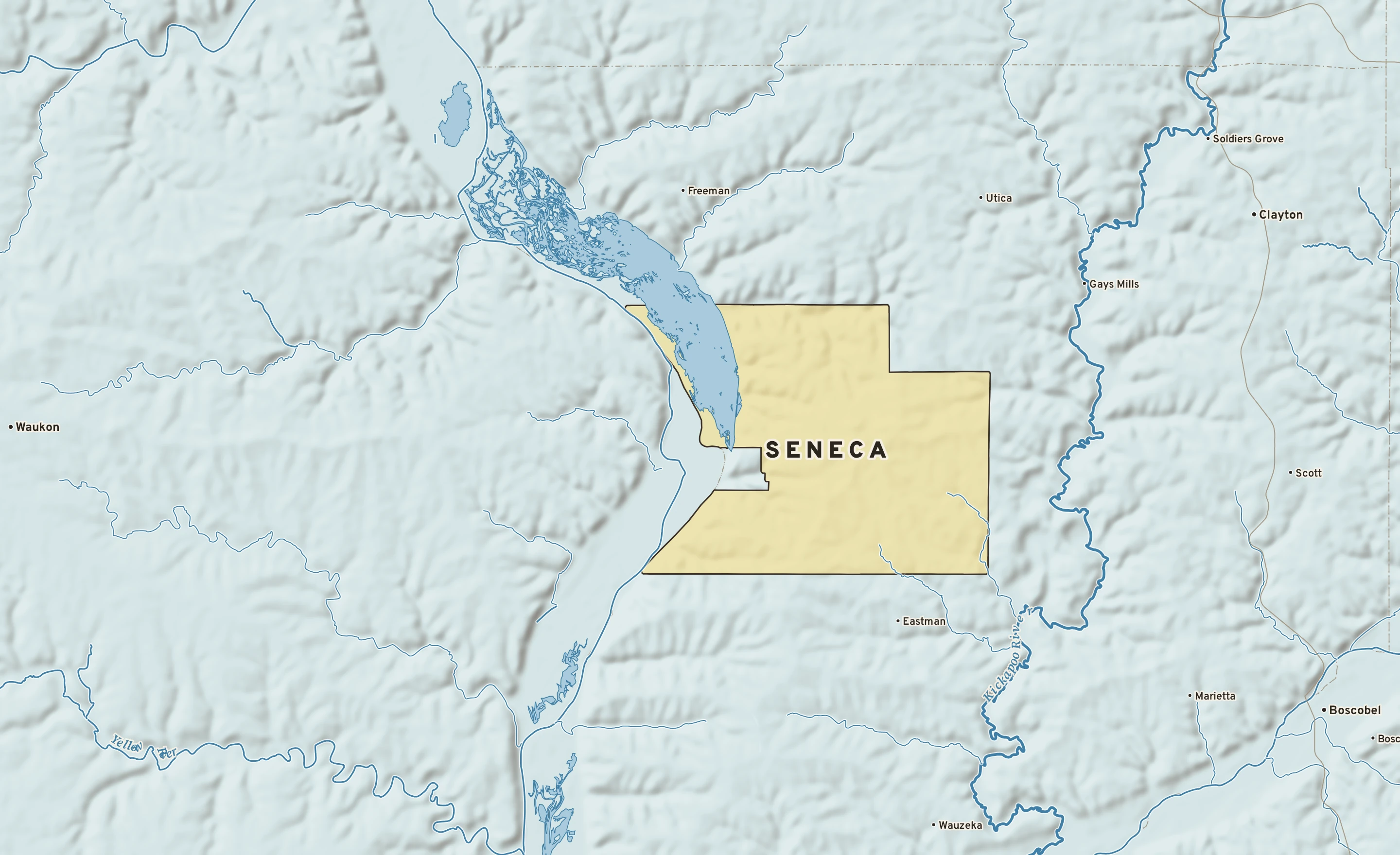 Shaded-relief atlas plate of Seneca, Wisconsin: rivers, roads, the city limits and where the water drains.