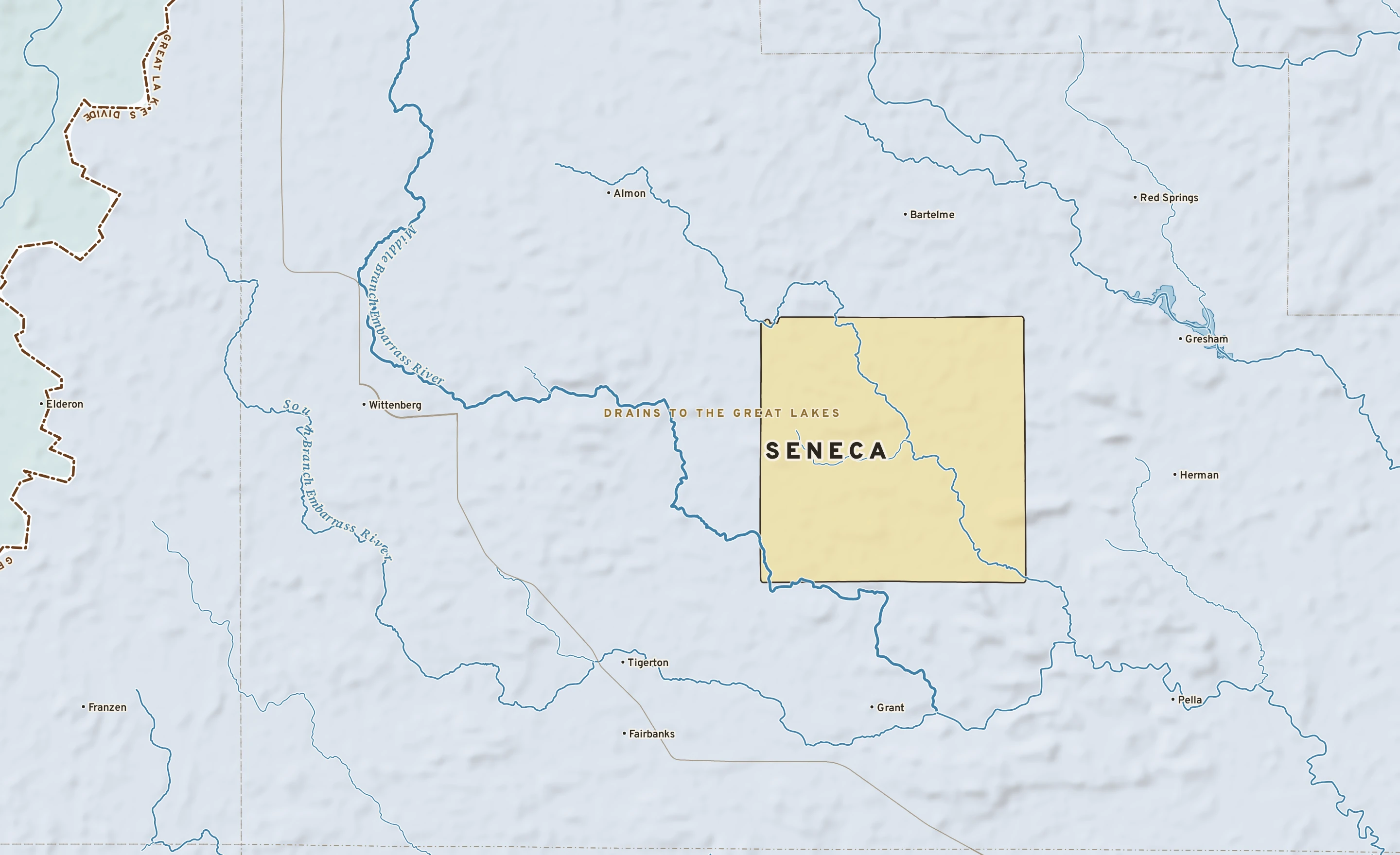 Shaded-relief atlas plate of Seneca, Wisconsin: rivers, roads, the city limits and where the water drains.