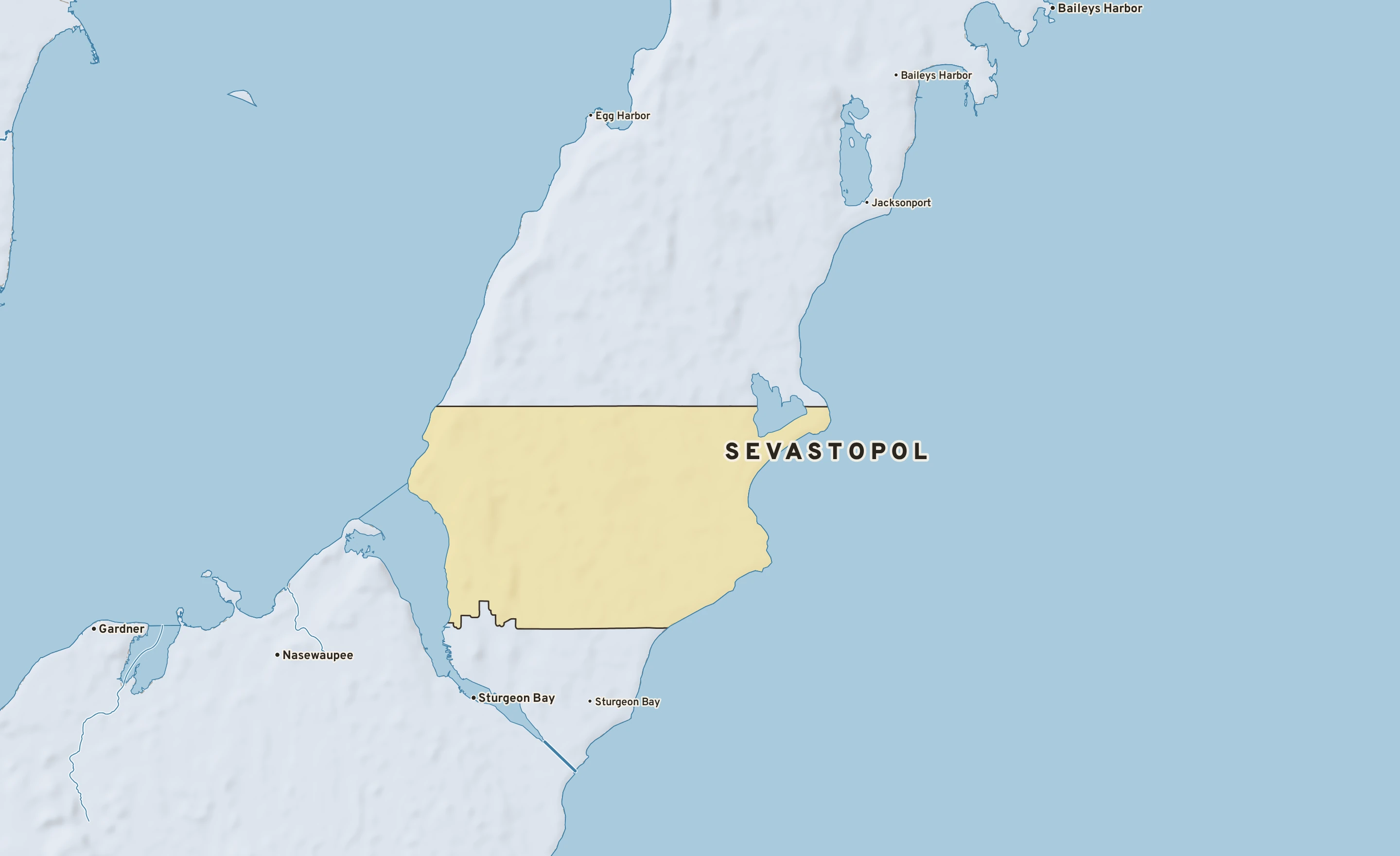 Shaded-relief atlas plate of Sevastopol, Wisconsin: rivers, roads, the city limits and where the water drains.