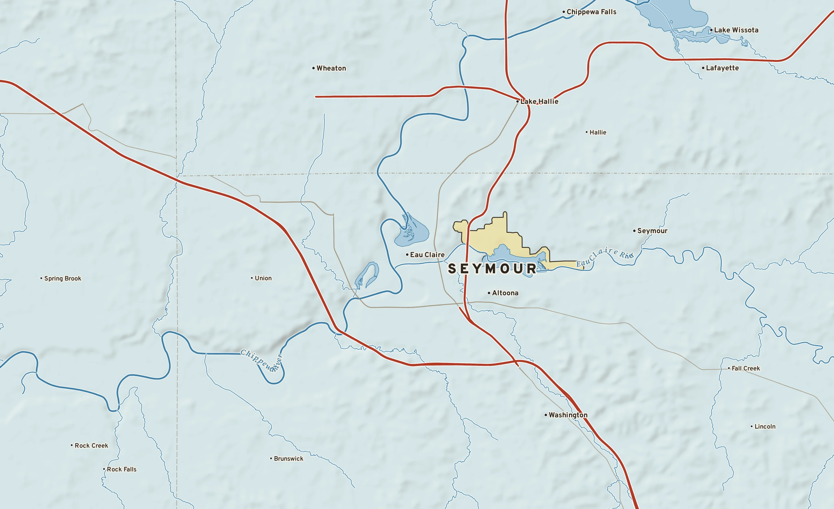 Shaded-relief atlas plate of Seymour, Wisconsin: rivers, roads, the city limits and where the water drains.
