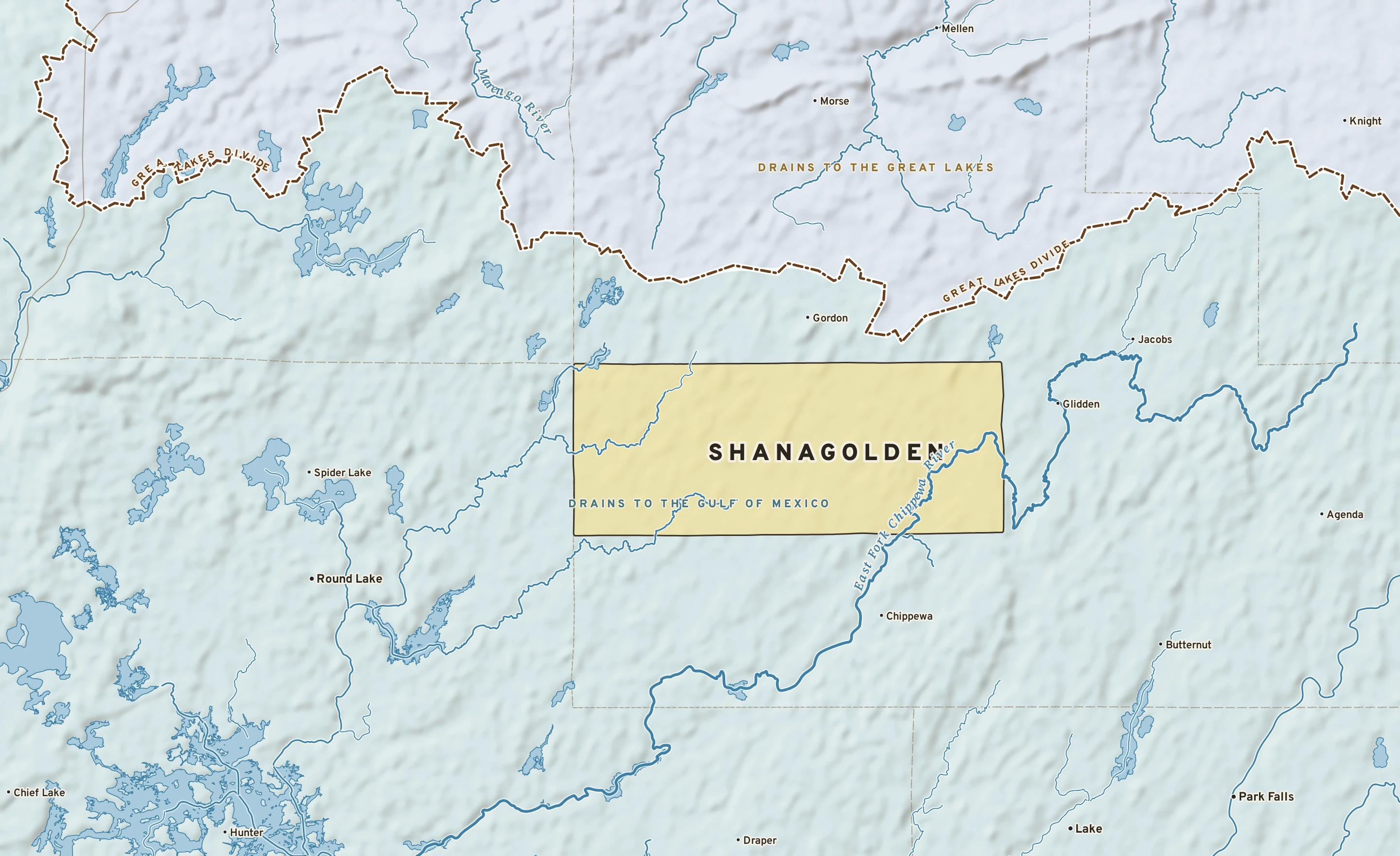 Shaded-relief atlas plate of Shanagolden, Wisconsin: rivers, roads, the city limits and where the water drains.