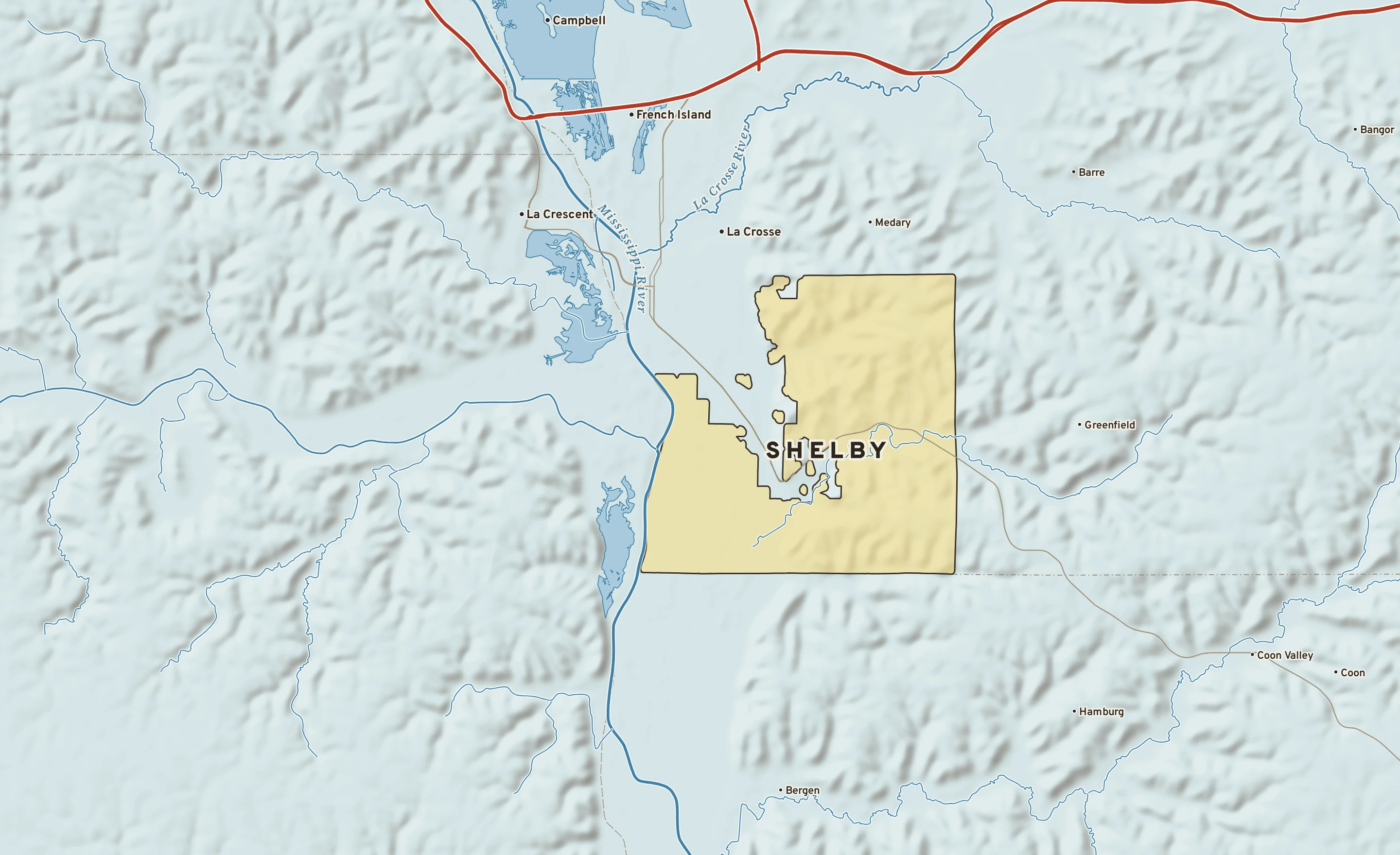 Shaded-relief atlas plate of Shelby, Wisconsin: rivers, roads, the city limits and where the water drains.