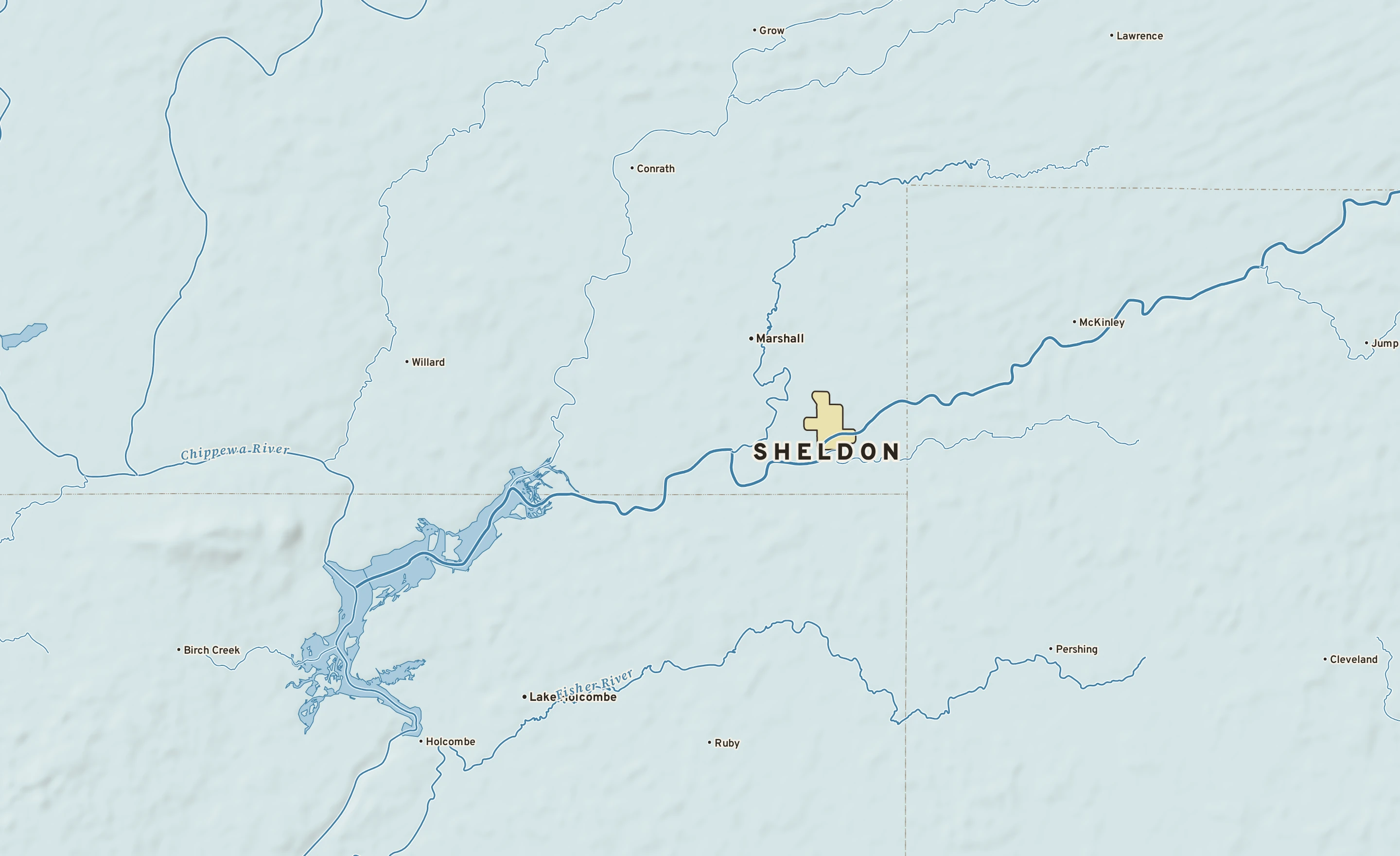 Shaded-relief atlas plate of Sheldon, Wisconsin: rivers, roads, the city limits and where the water drains.