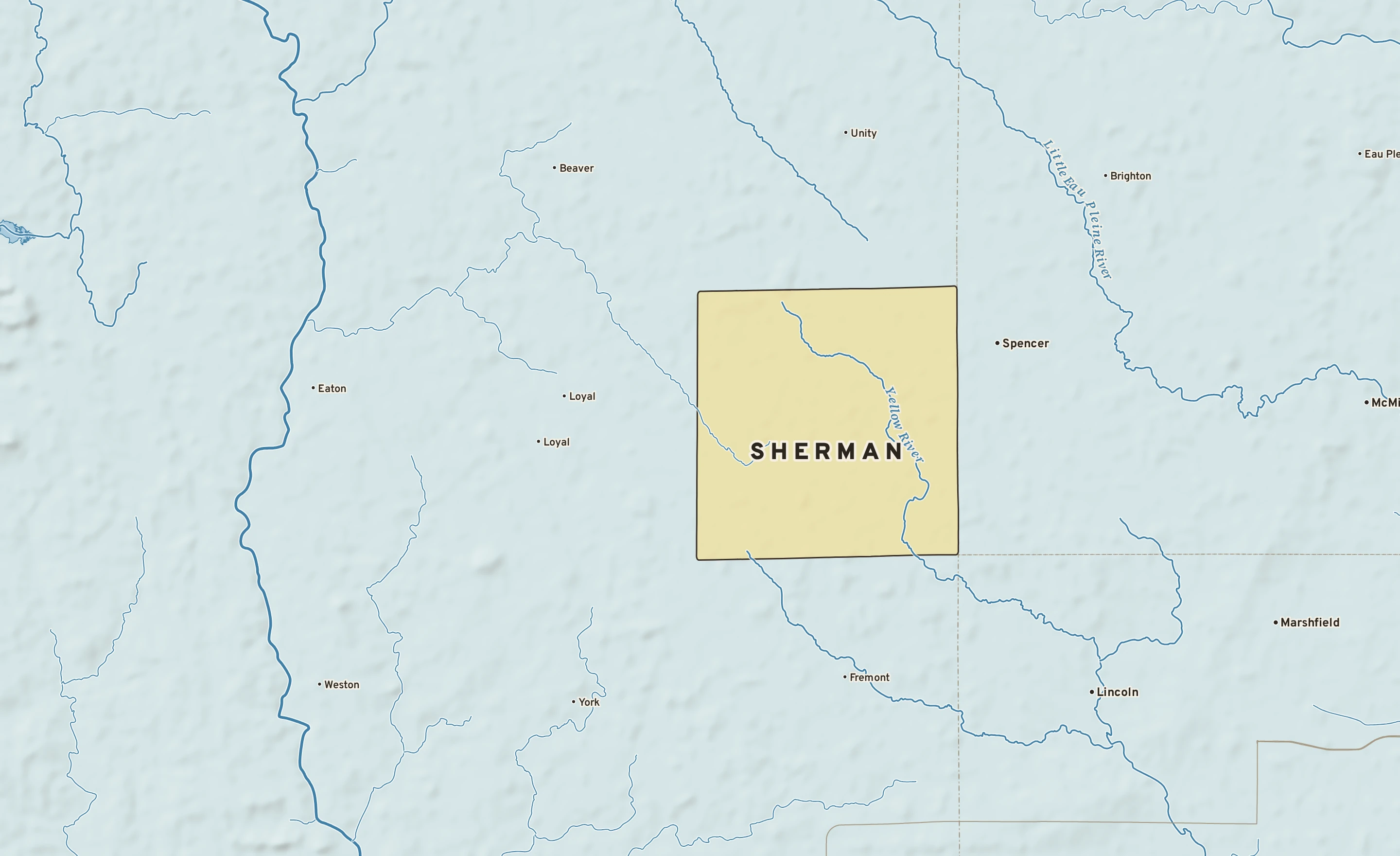 Shaded-relief atlas plate of Sherman, Wisconsin: rivers, roads, the city limits and where the water drains.